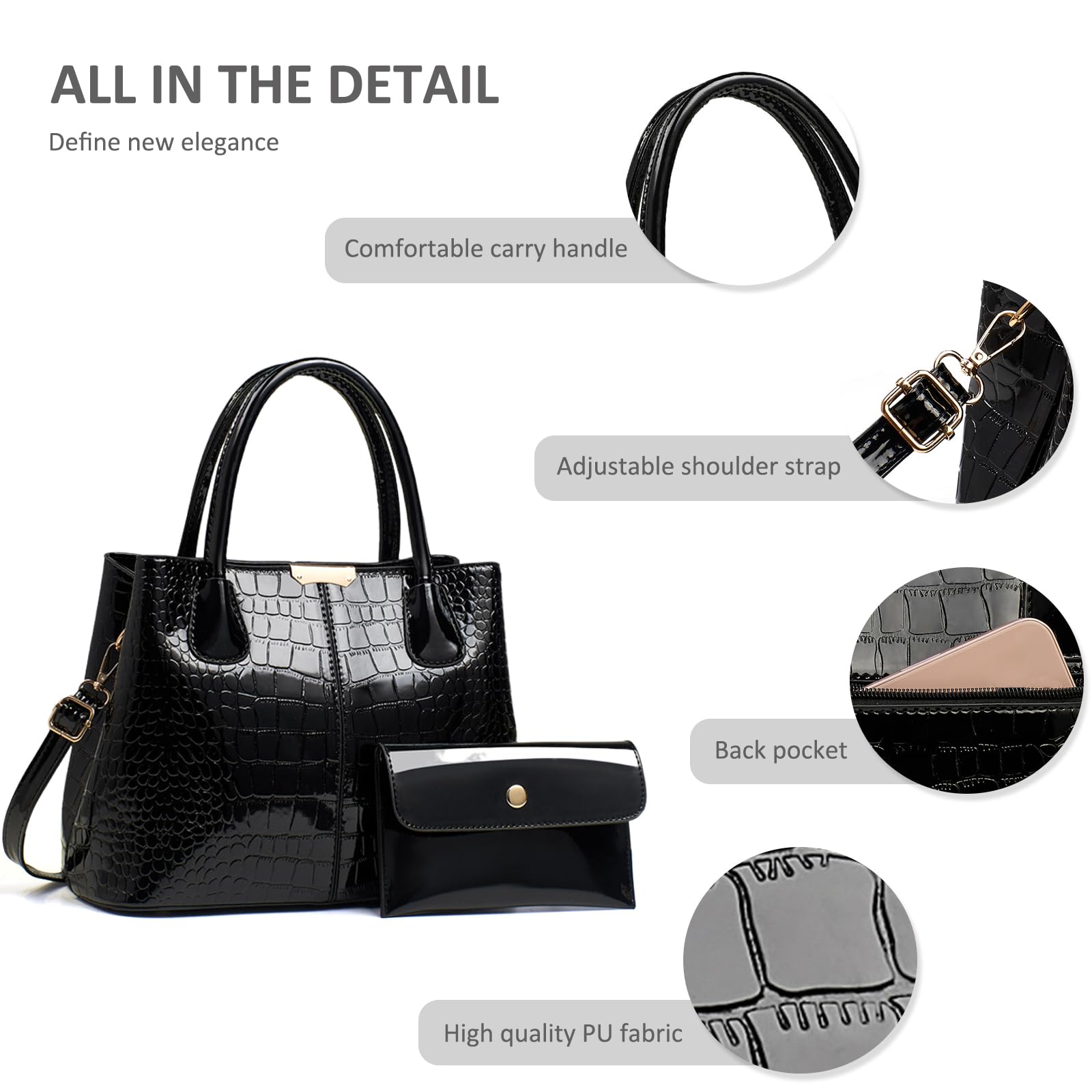 NICOLE & DORIS Bolso de Mano Mujer Bolso con Monedero Bolsos de Cocodrilo Bolso Bandolera Charol Bolso de Hombro para Viajes Compras Trabajo Negro