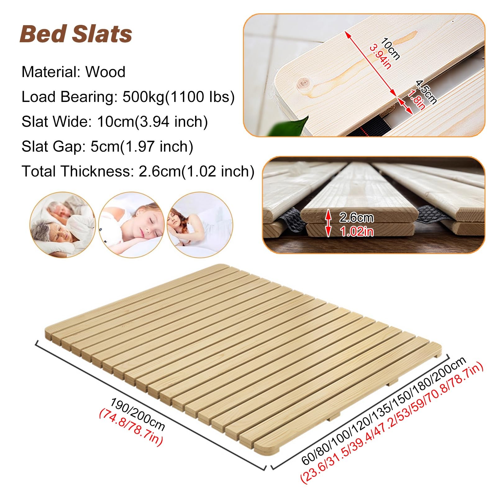 Doghe Pieghevoli in Legno per Letto Matrimoniale, Matrimoniale, Queen, King Size - Supporto per Divano/Letto a Piattaforma, doghe di Ricambio da 60-200 cm (39,4x74,8 Pollici, 100x190 cm)