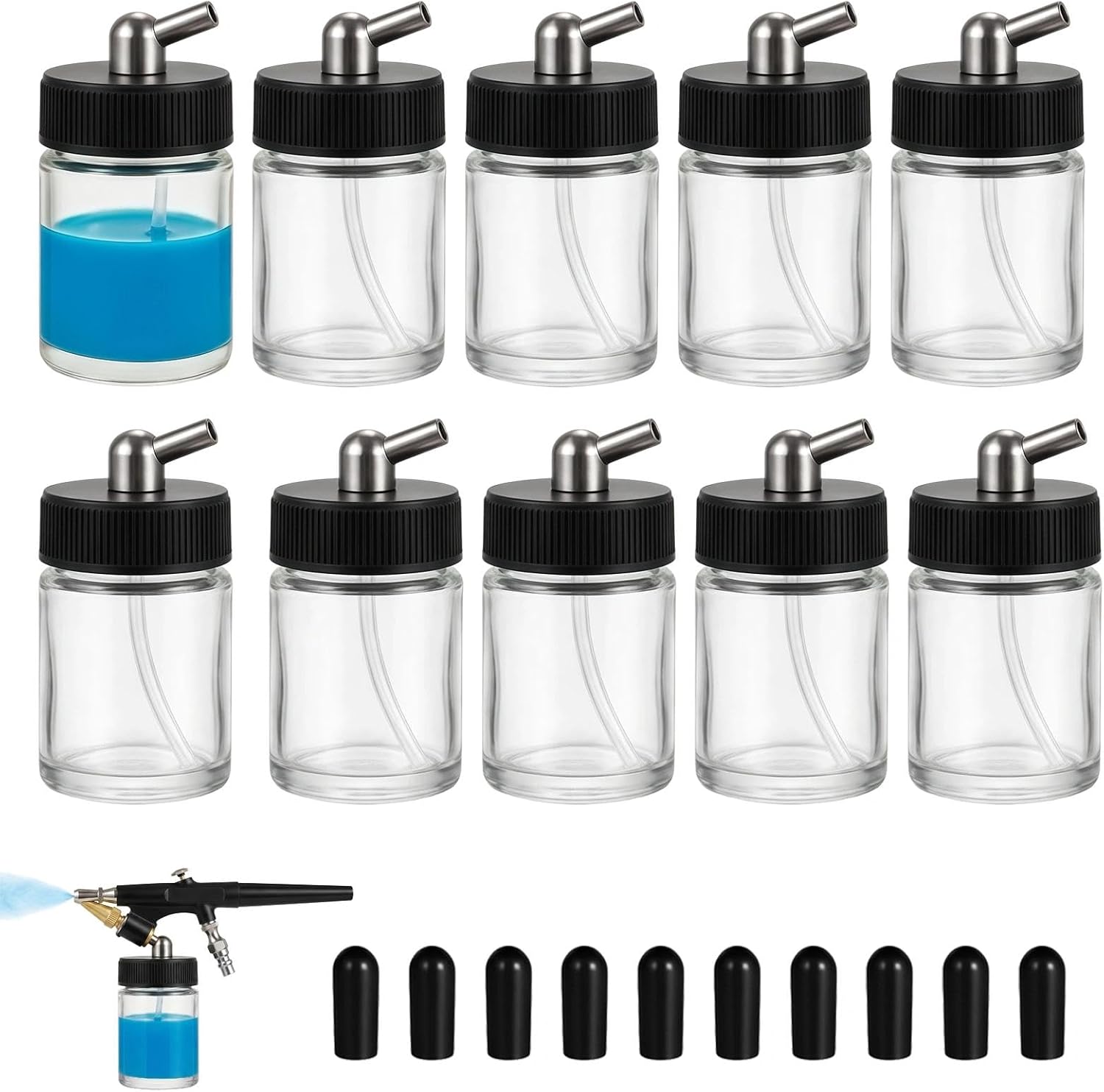 10pcs 22cc Airbrush Glass Bottles with Adapter Lids - 3/4oz Siphon Feed Jars Compatible with Master, Iwata, Badger Dual-Action Airbrushes - Solvent Resistant Storage Cups