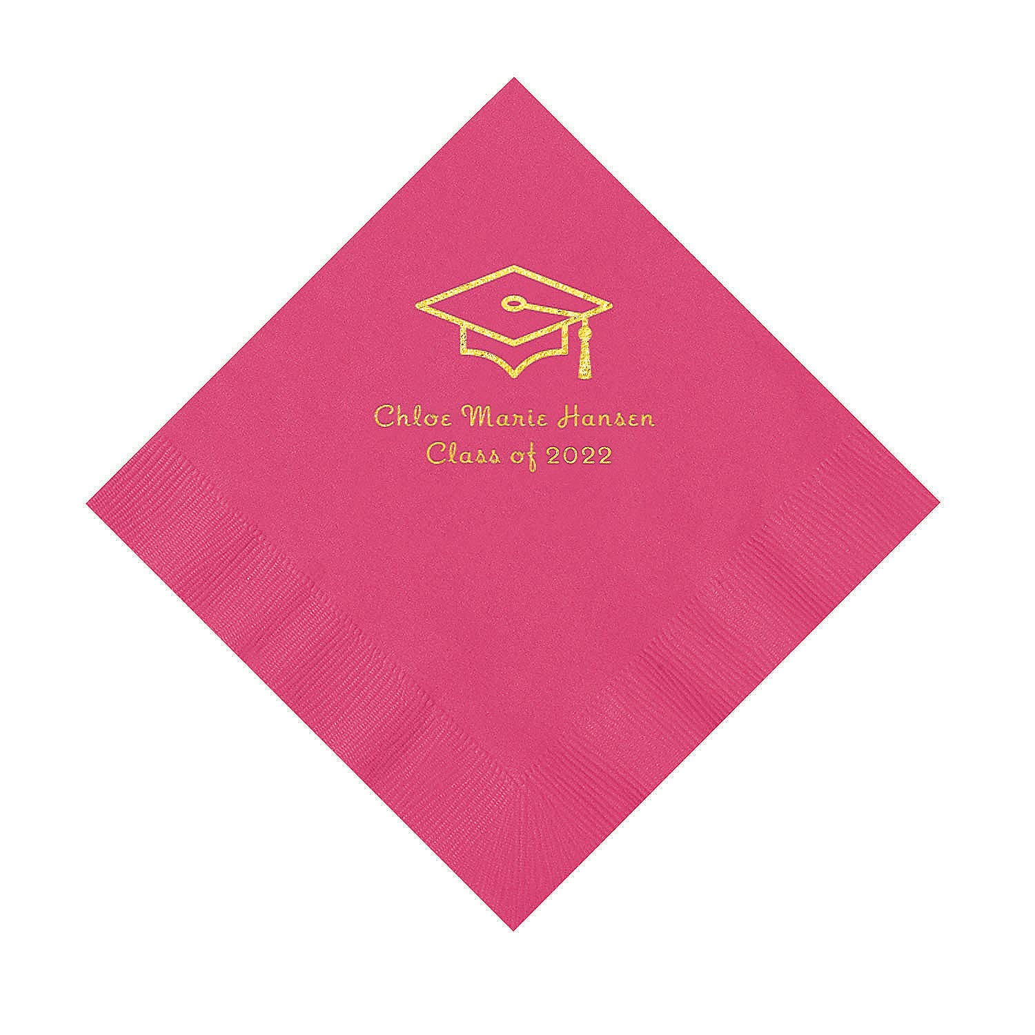 Hot Pink Grad Mortarboard Personalized Napkins with Gold Foil – 50 Pc. Luncheon