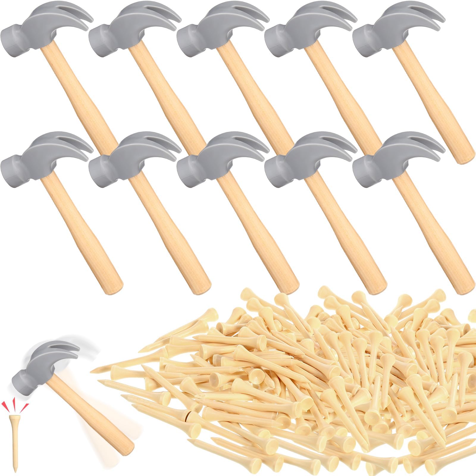 Poen 10 Pcs Hammer Toys 100 Pcs Bamboo Pegs Simulation Wood Hammering and Pounding Mallet Fake Hammer Maintenance Tools Peg Bamboo Nail for Play Educational School Gift Birthday Party(Wood Color)