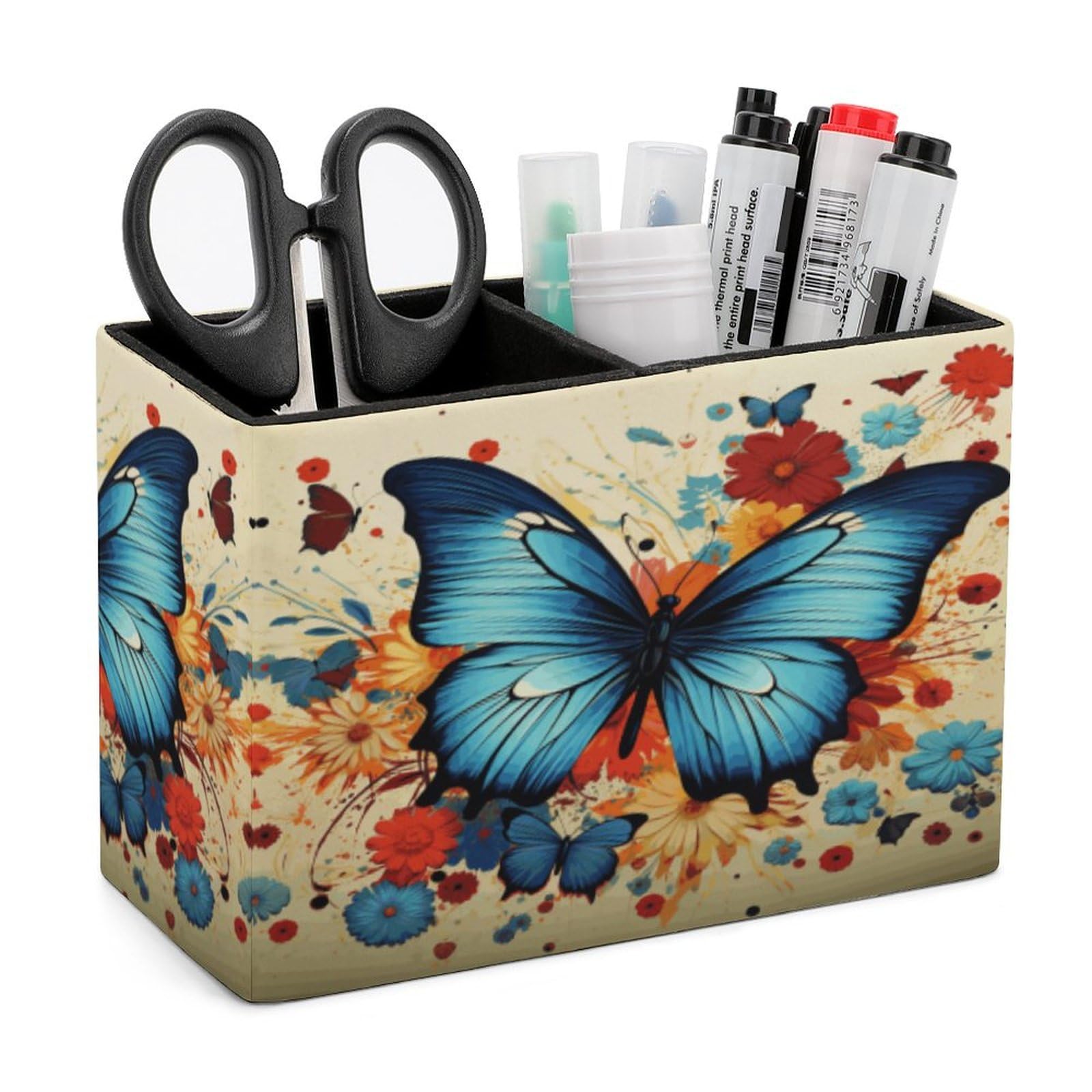 HKMNTGD Pen Holder for Desk,Butterfly Printed Square Leather Pencil Holder Double Compartments，Desktop Organizer Office Accessories Container Box