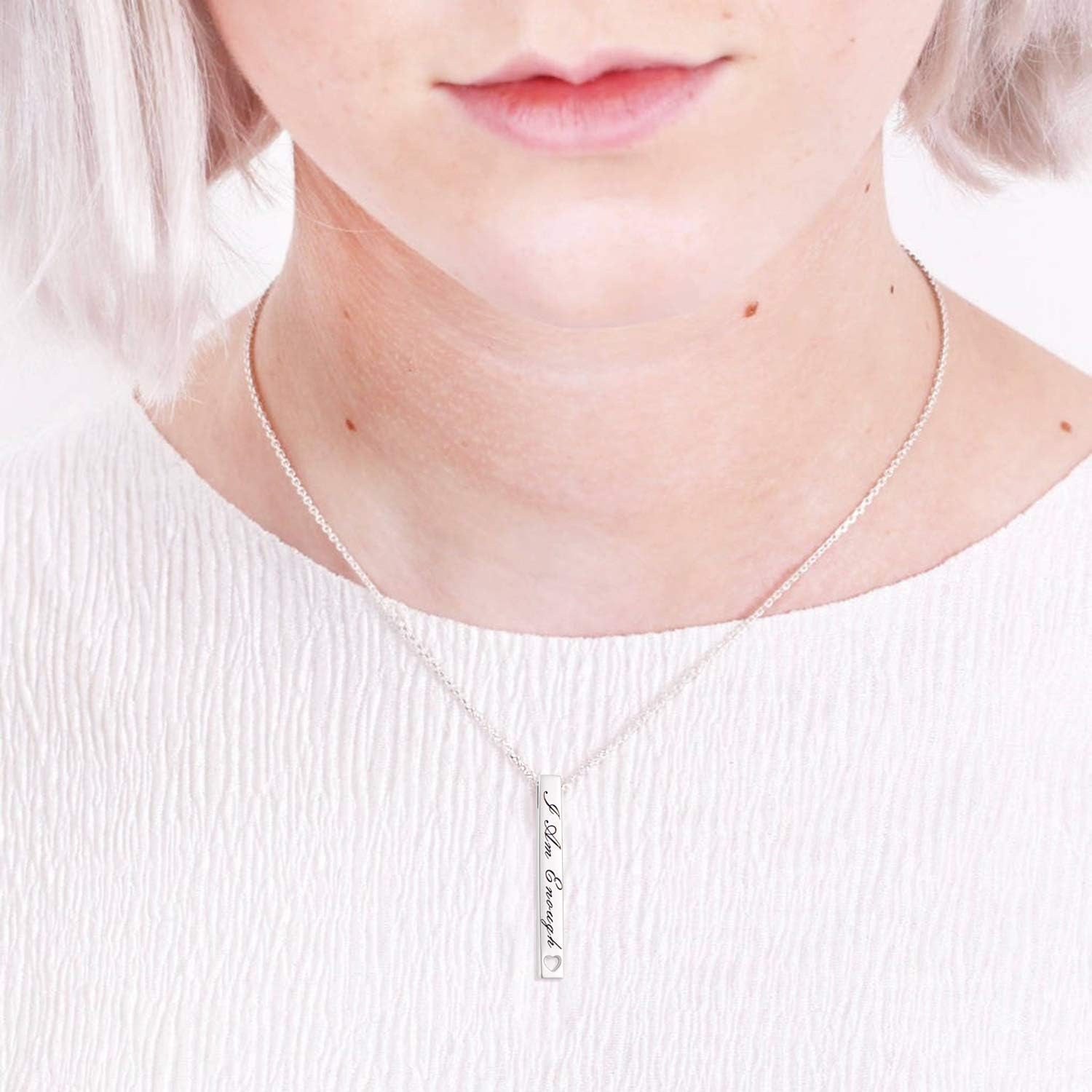 925 Sterling Silver Vertical Bar Necklace Engraved Message Inspirational Jewelry Gifts for Women