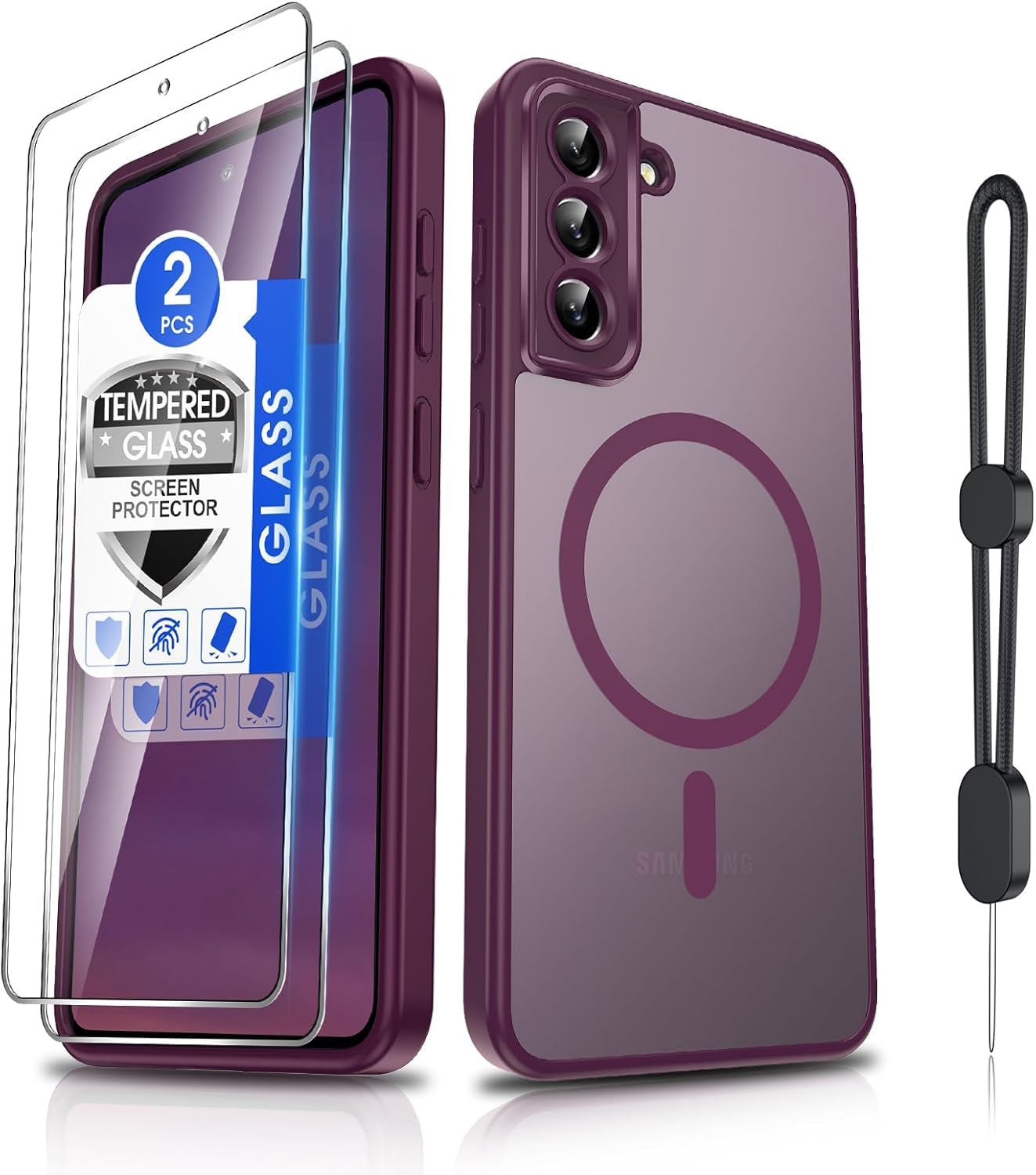 Dizn for Samsung Galaxy S21 FE Phone Case:[𝐍𝐨𝐭 𝐅𝐢𝐭 𝐒𝟐𝟏][Compatible with MagSafe]with Tempered Screen Protector,Slim Cover,with Strap &amp; Military Lens Protector S 21FE,Funda para S21FE,Wine Red