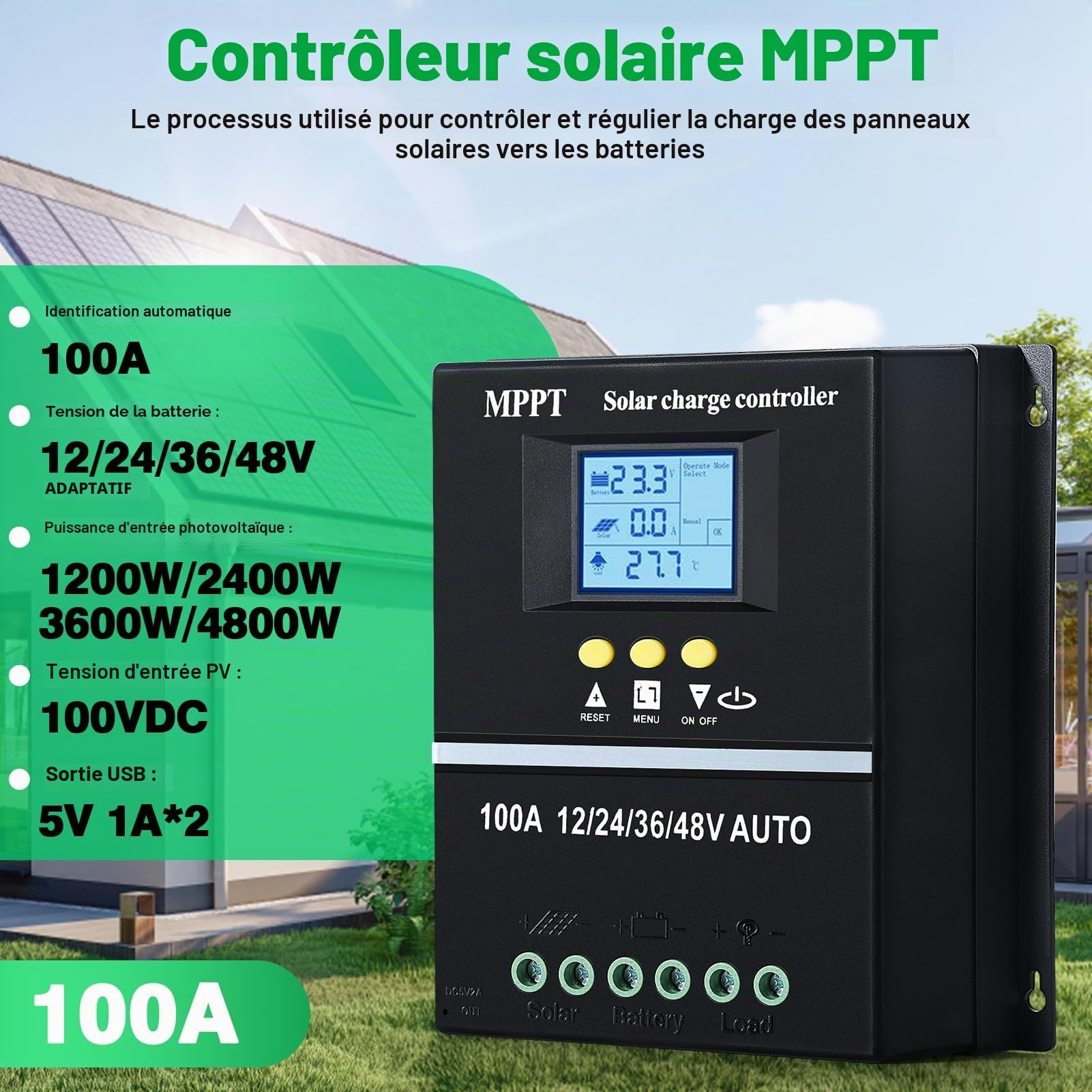 Controleur de charge solaire MPPT 100A 12V/24V/36V/48V MPPT régulateur solaire Écran LCD ID automatique Entrée max 100V DC Pour Plomb/acide/Lithium batterie Double USB Noir.