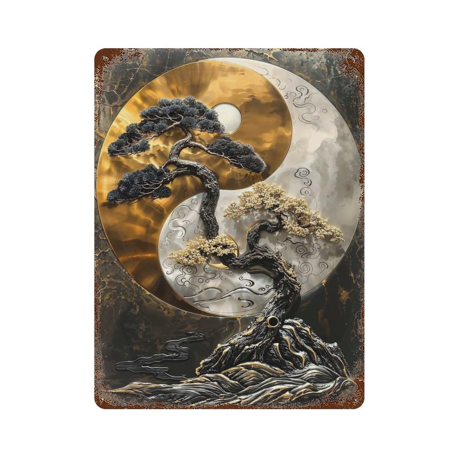 Golden Bonsai Balance Rusty Metal Tin Sign 15.7"x11.8", Ideal for Farmhouse, Kitchen And Entryway Decor