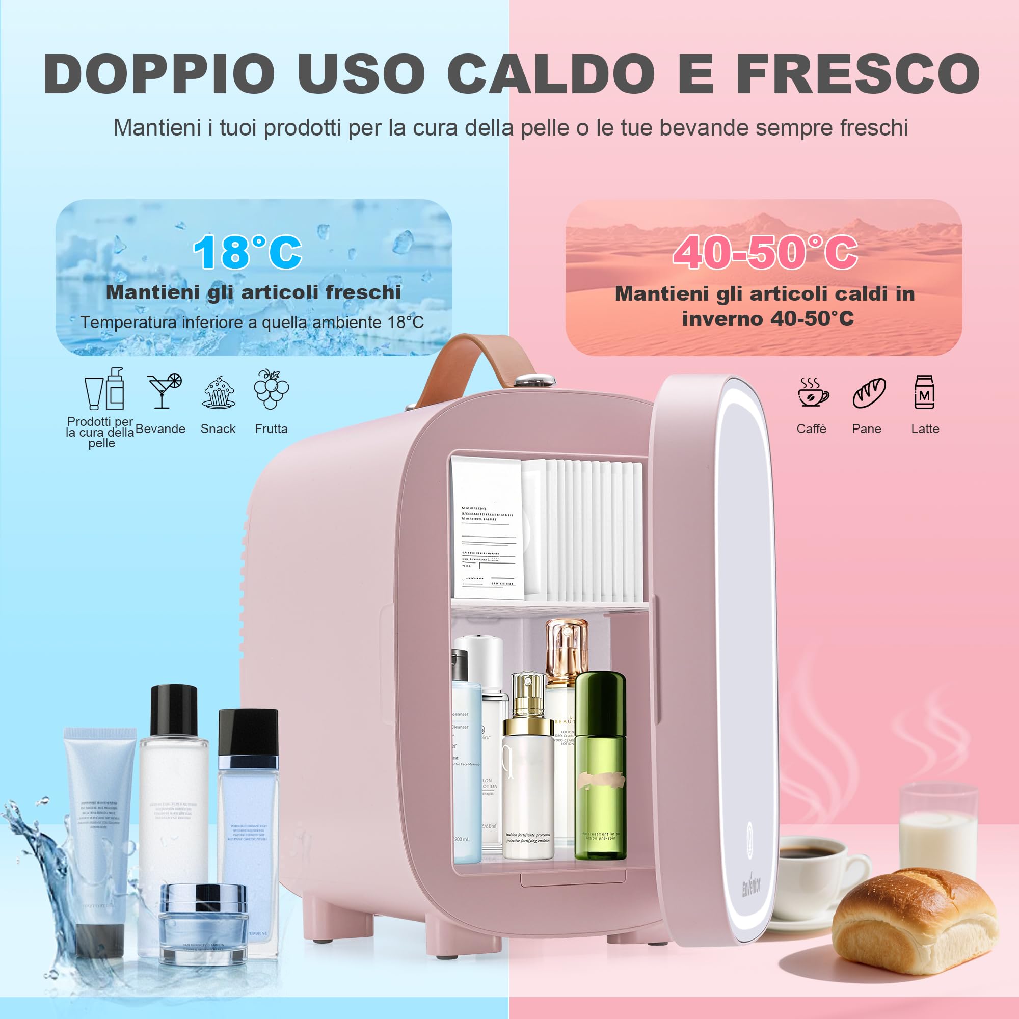Mini Fridge Enventor 4L 6 Canne Pink LED Mirror - Dettaglio