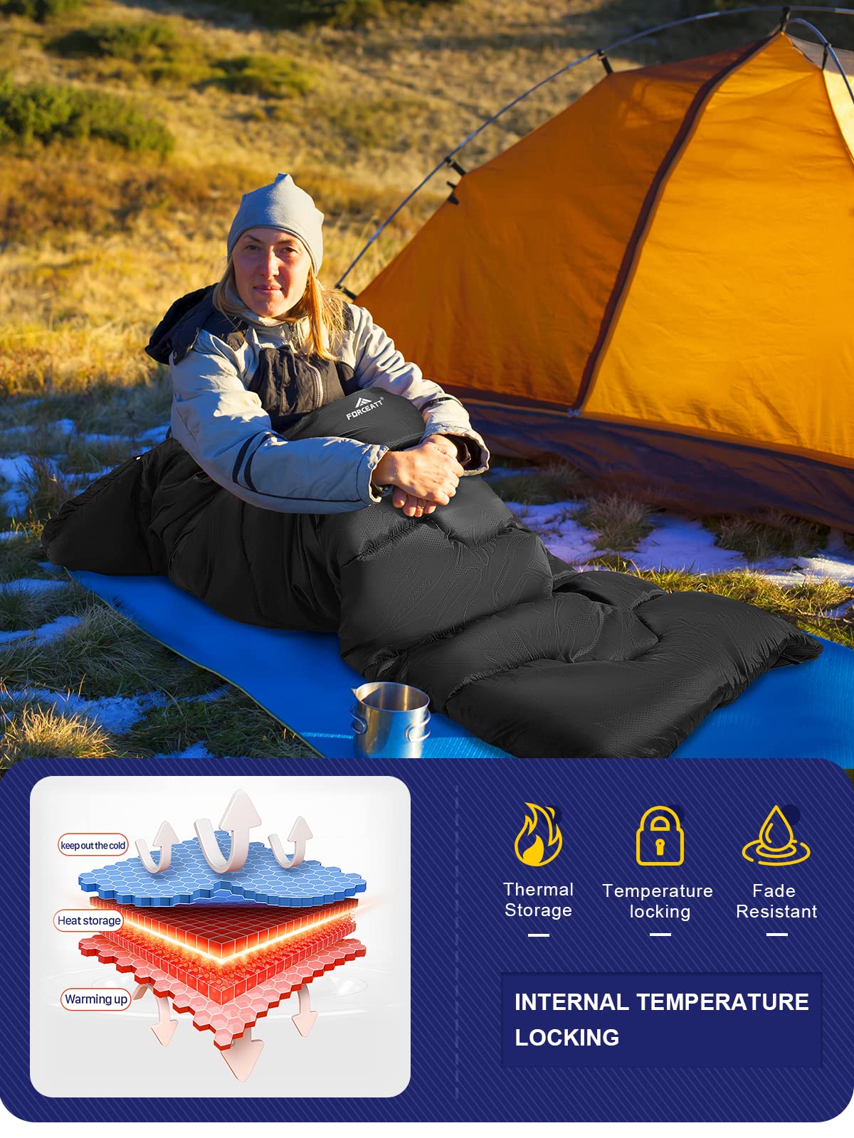 Forceatt Saco de Dormir para Adultos (210x80CM) -7~20°C Saco de Dormir Compacto 4 Estaciones, Saco de Dormir Invierno a Prueba de Agua y Desgarros,Lgrande para Camping y Senderismo.