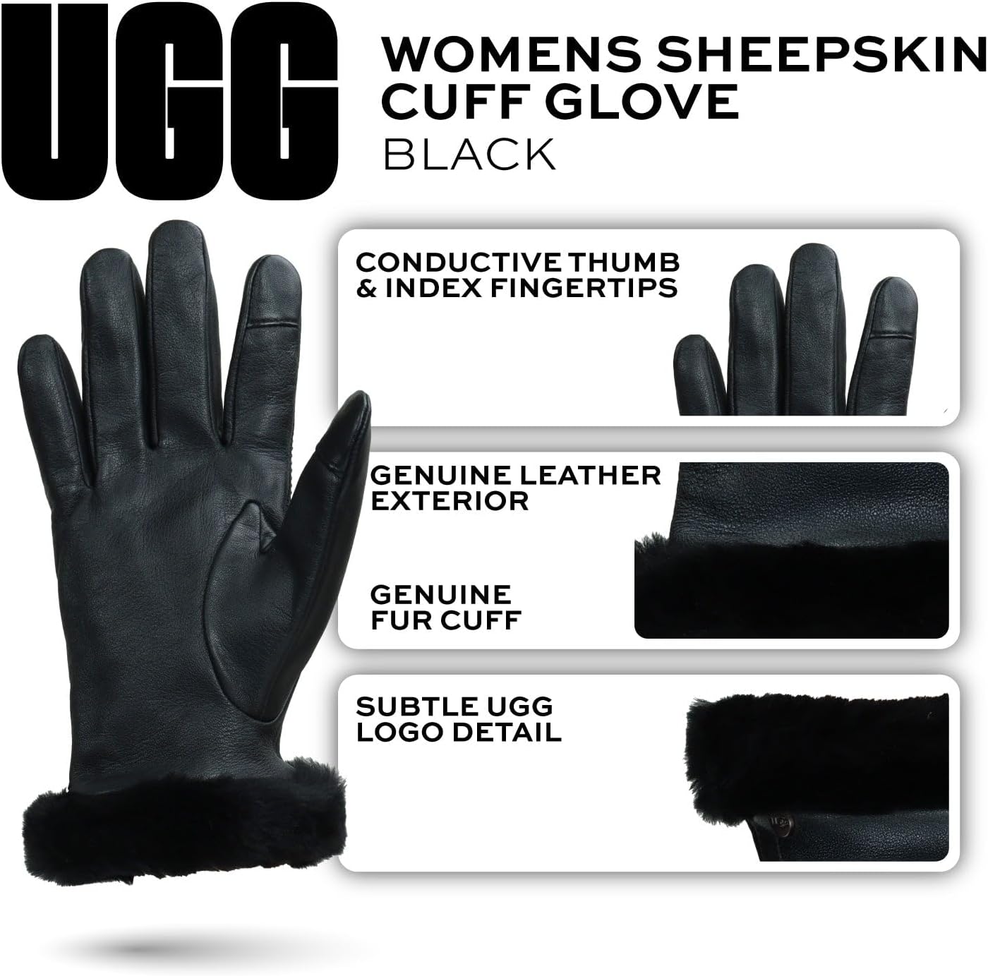 UGG Women’s Sheepskin Cuff Gloves with Touchscreen Fingertips, Genuine Leather Exterior, Fur Trim, and Logo Detail - Image 6