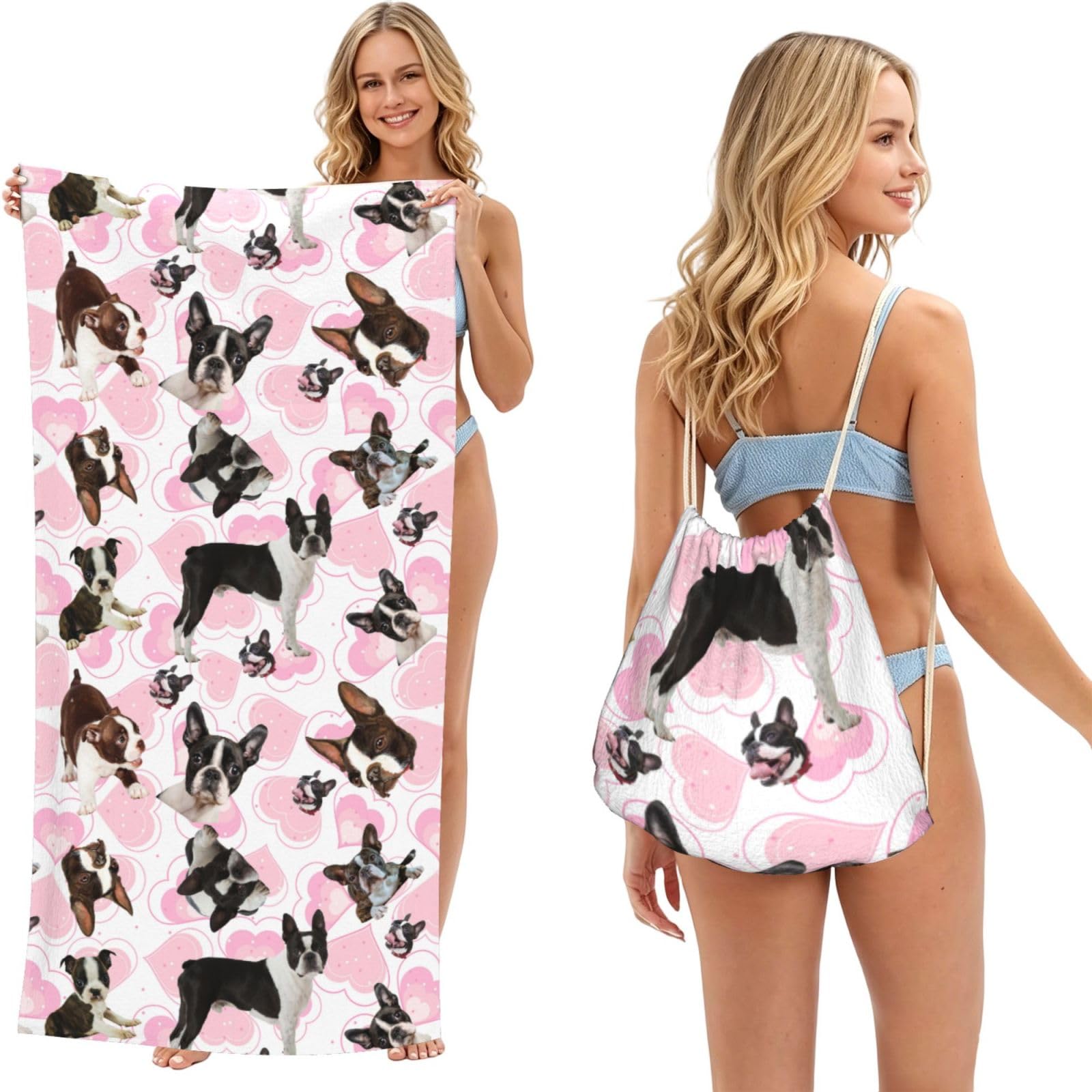 Poadnly As Picture Boston Terrier, 2 In 1 Packable Towel Bag, Beach Towels With Drawstring Backpack For Travel Holiday Camping