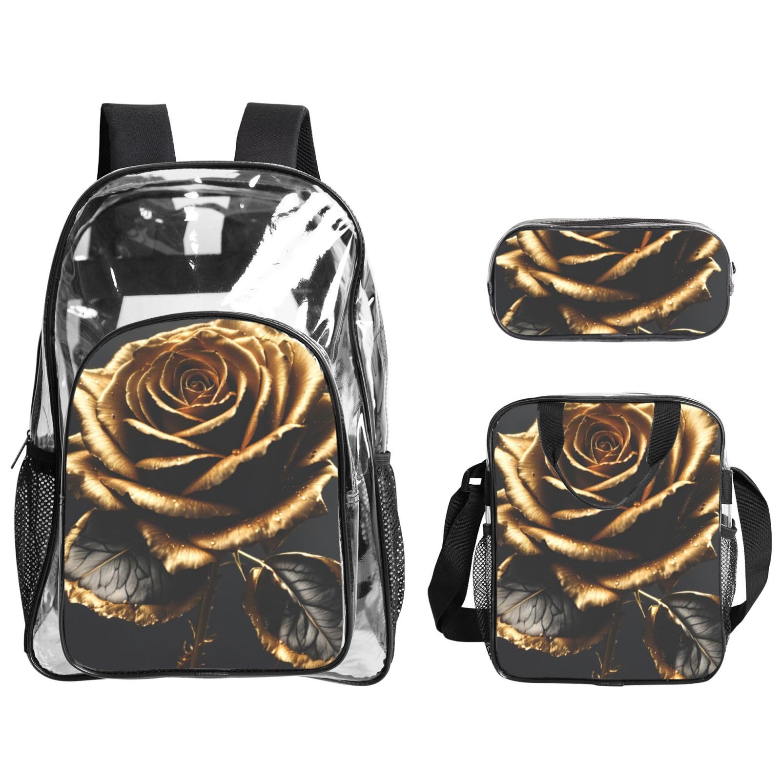 Juego de mochila transparente unisex con estampado de flores negras y doradas, 3 piezas, bolsa de almuerzo, estuche para bolígrafos, viajes al aire libre