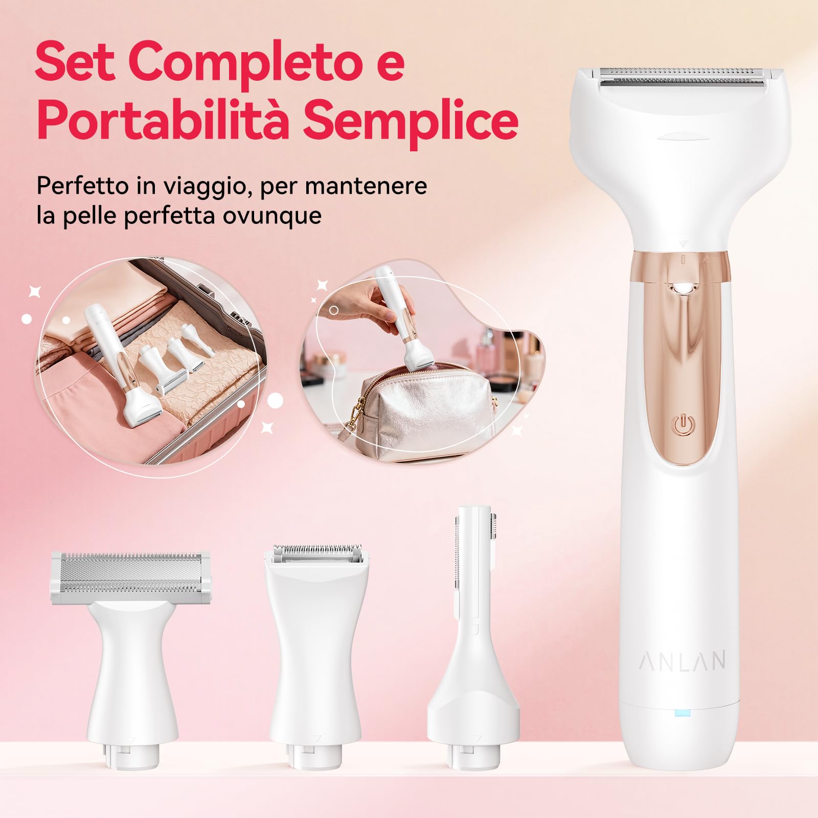 ANLAN Rasoio Elettrico Donna 4-in-1 Depilatore Corpo Donna Kit Rasoio Intimo con LED Display, IPX6 Impermeabile Rasoio Elettrico Corpo per Viso, Corpo e Inguine 90 Minuti di Autonomia