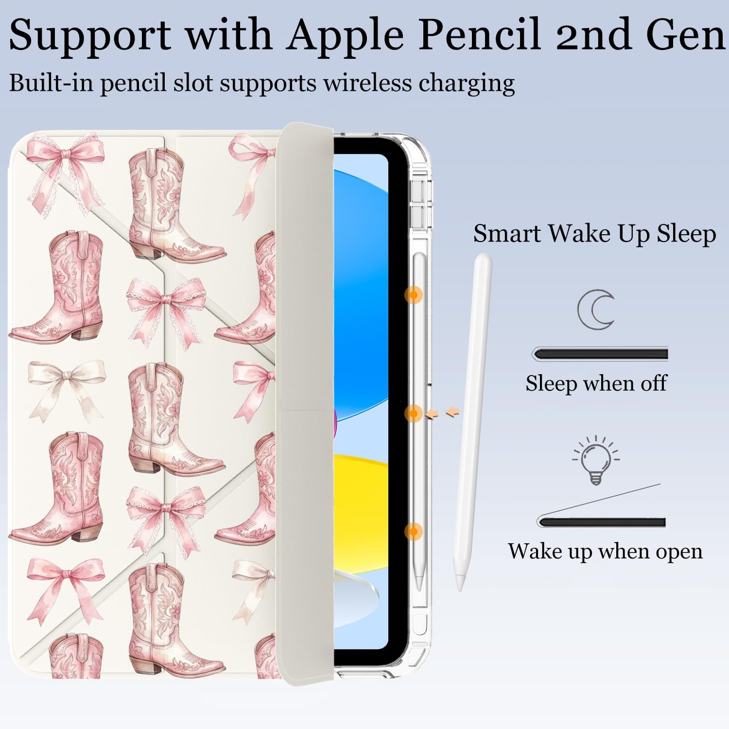 Cowgirl Boots Pink Bow for iPad (A16) 11th/10th Generation Case 11 Inch/10.9 Inch 2025/2022 with Pencil Holder, Auto Sleep/Wake, White Leather Acrylic Back Detachable Cover