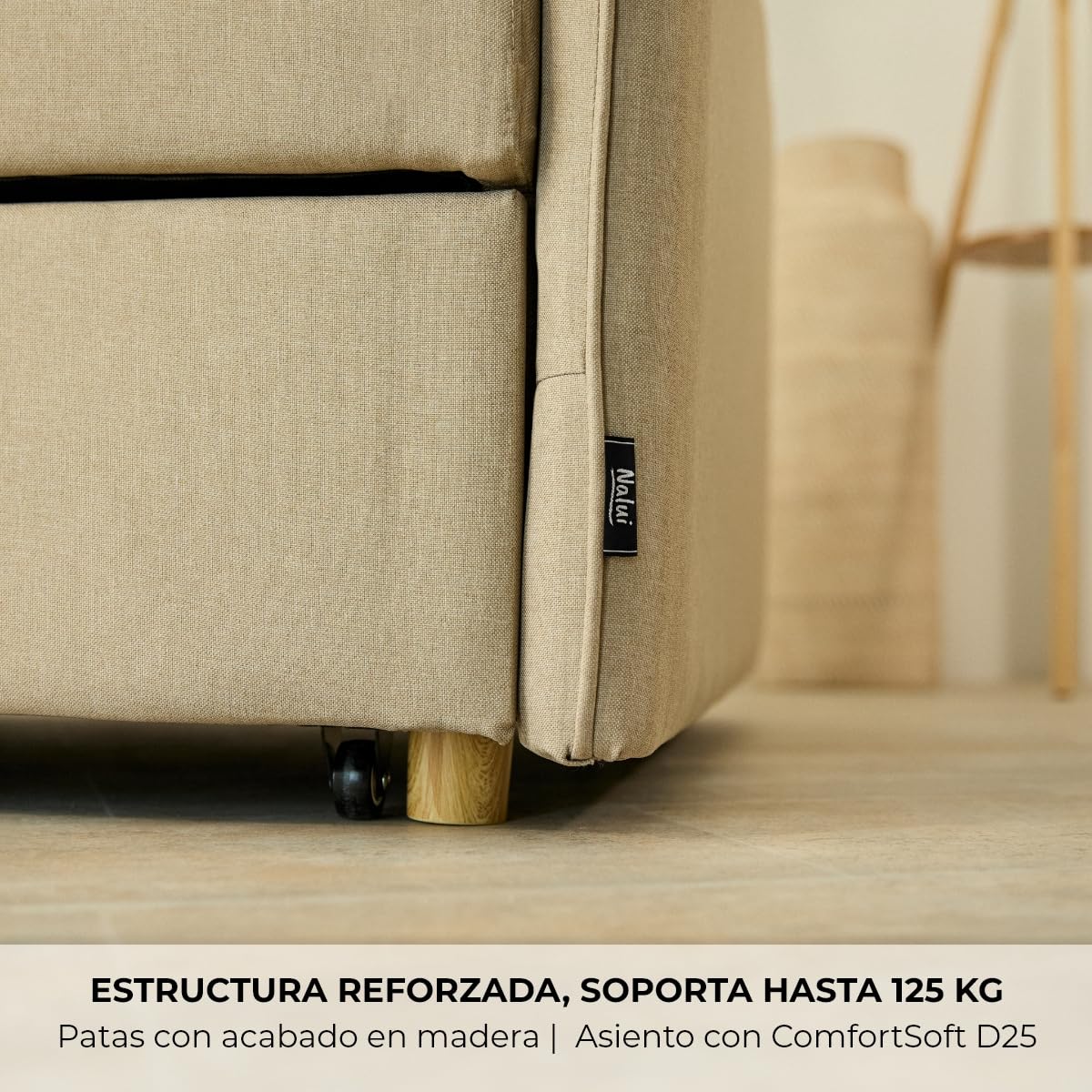 Nalui-Sofá Cama 1 Plaza 3 en 1 Nest 1 93x100x79cm con 3 Posiciones y 2 Almohadas (55x20cm). Sofá Cama Individual, Soporta hasta 200Kg. Sillón Cama Reclinable con Reposabrazos, Beige