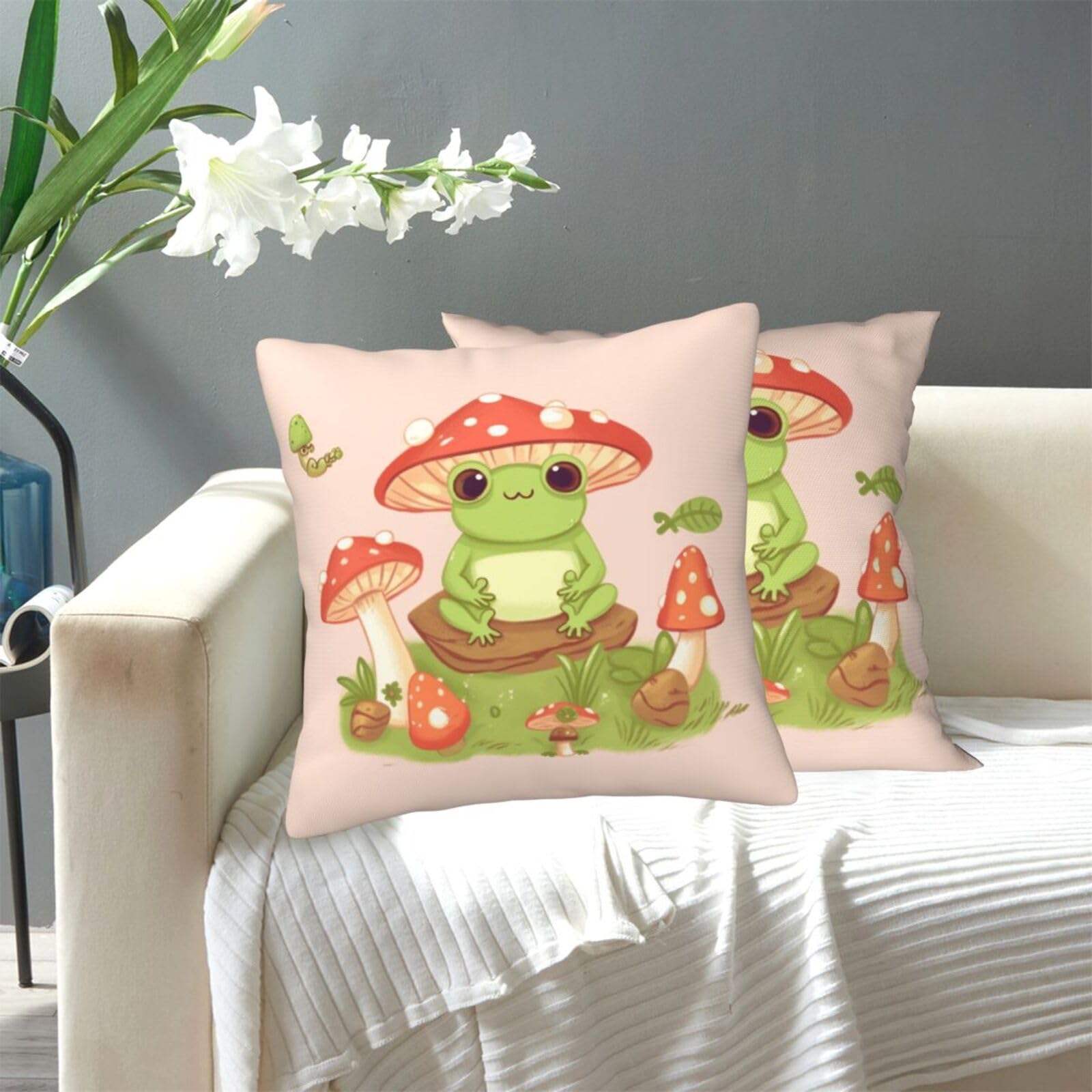 FekiLoot Decorative Throw Pillow Covers Modern Farmhouse Pillowcase Double Sided Cozy Cushion Cover for Sofa Couch Bed 20"X20" Cute Frogs and Mushrooms