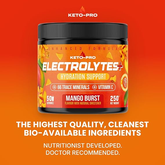 Keto-Pro Keto Electrolytes 250g - 50 Servings | Electrolyte Powder & Salts with 66 Trace Minerals | Supports Your Fasting, Health & Fitness Goals | Mango Flavour | Updated Formulation