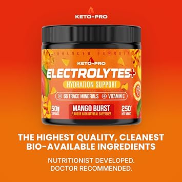 Keto-Pro Keto Electrolytes 250g - 50 Servings | Electrolyte Powder & Salts with 66 Trace Minerals | Supports Your Fasting, Health & Fitness Goals | Mango Flavour | Updated Formulation