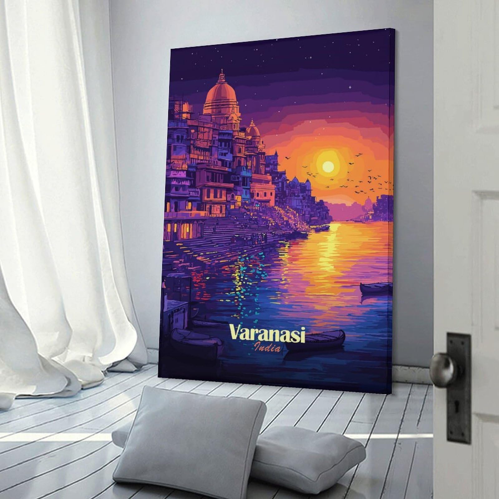 Junmoney Canvas Wall Art Varanasi Sunset, 24x36inch(60x90cm), for Bedroom, Lounge Or Dressing Area, Canvas Wall Decor for Personal Spaces