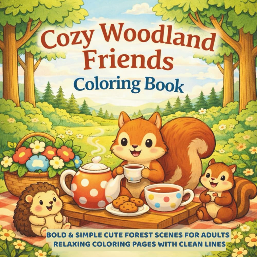 Cozy Woodland Friends Coloring Book: Bold & Simple Cute Forest Scenes for Adults — Relaxing Coloring Pages with Clean Lines