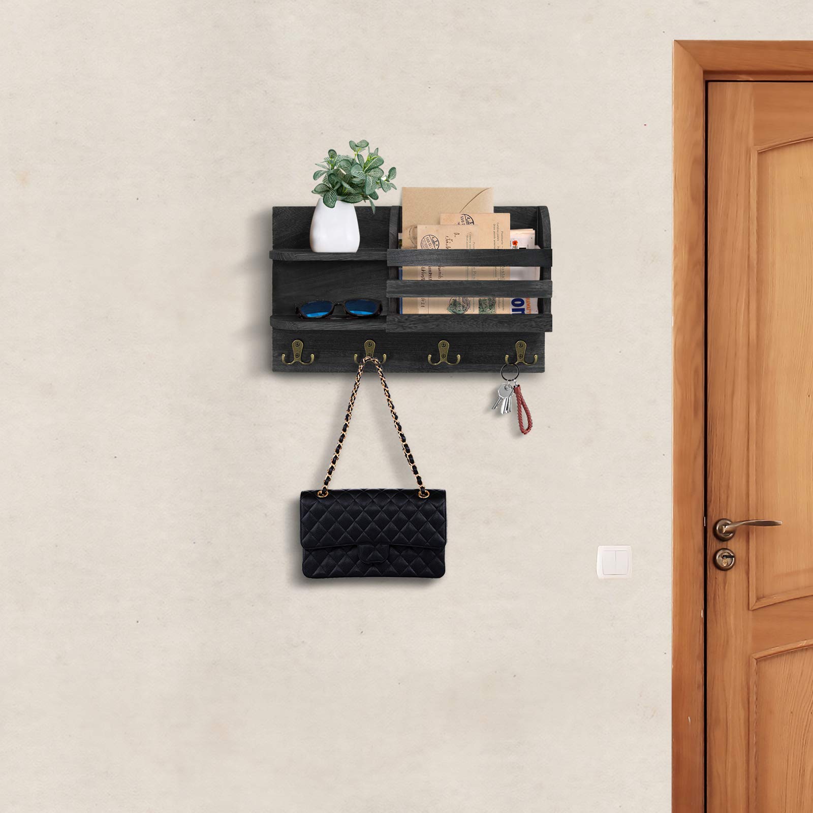 Wall Mounted Mail Holder Floating Shelves with Hooks, Wood Wall Organizer Sorter for Keys