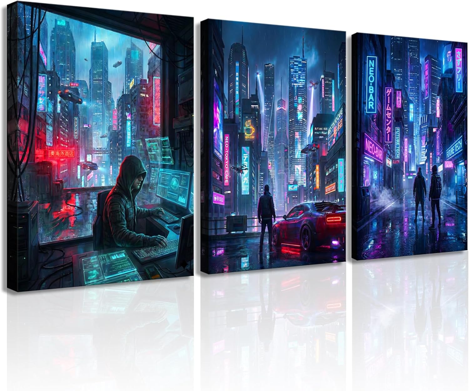 Anime Posters Japanese Wall Art Framed 3 Pieces Tokyo Neon Streets Night Japan City Wall Decor Poster for Living Room Bedroom Bathroom Japanese Room Decor Stretched Ready to Hang