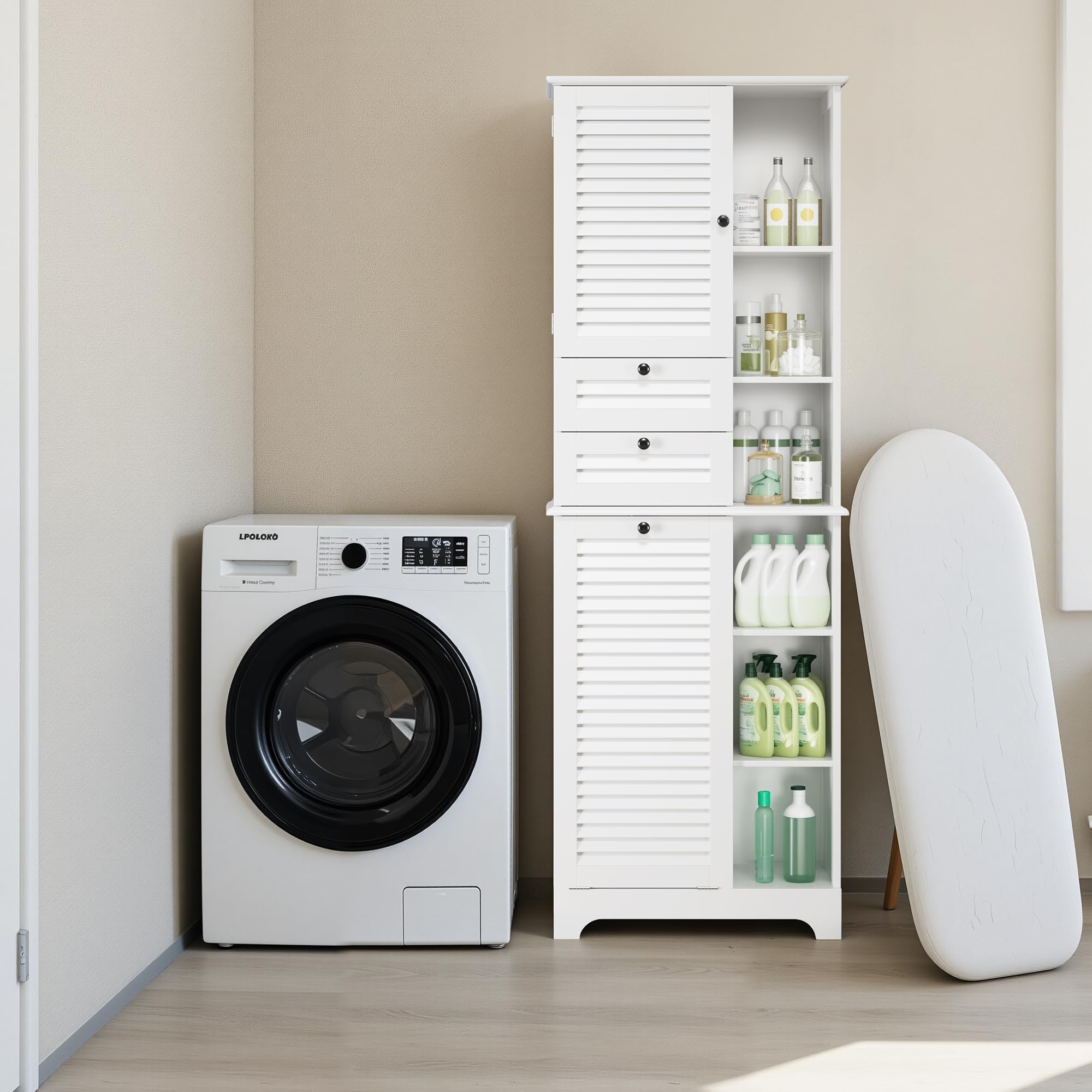 Xbro Mobile Salvaspazio Alto da Bagno con Cesto Portabiancheria, 2 Ante a Lamelle, 2 Cassetti e 8 Ripiani Aperti, Multiuso per Bagno, Cucina e Soggiorno, 60x37x170 cm, Bianco