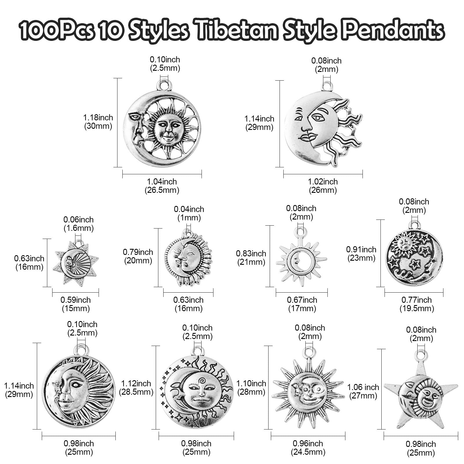 Stiesy 100Pcs 10 Styles Tibetan Silver Sun Moon Pendant Charms - Image 2