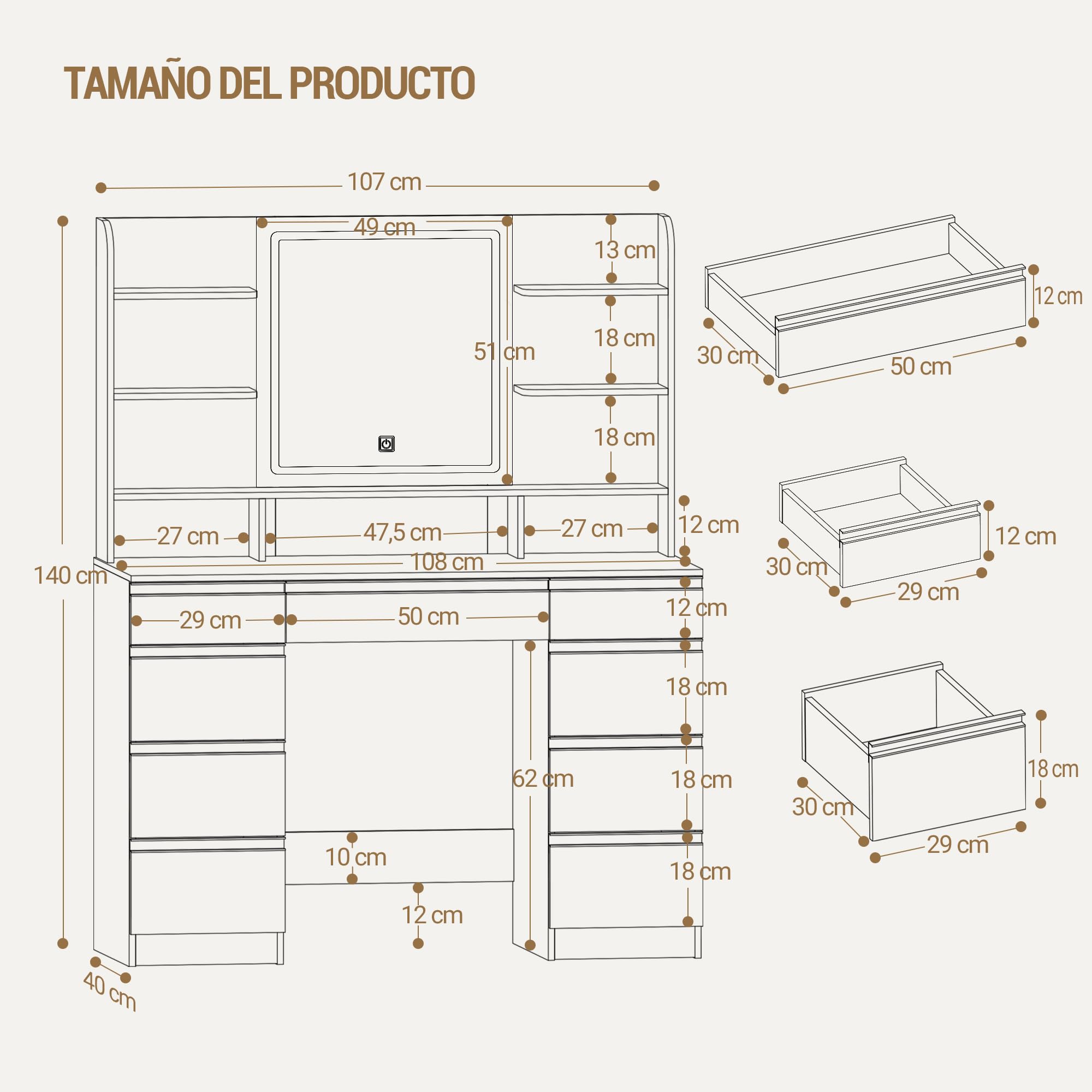 Tocador Grande con Iluminación LED, 3 Colores, Brillo Ajustable, Mesa de Maquillaje con Espejo, 9 Cajones, Estilo Moderno, Blanca-Plata