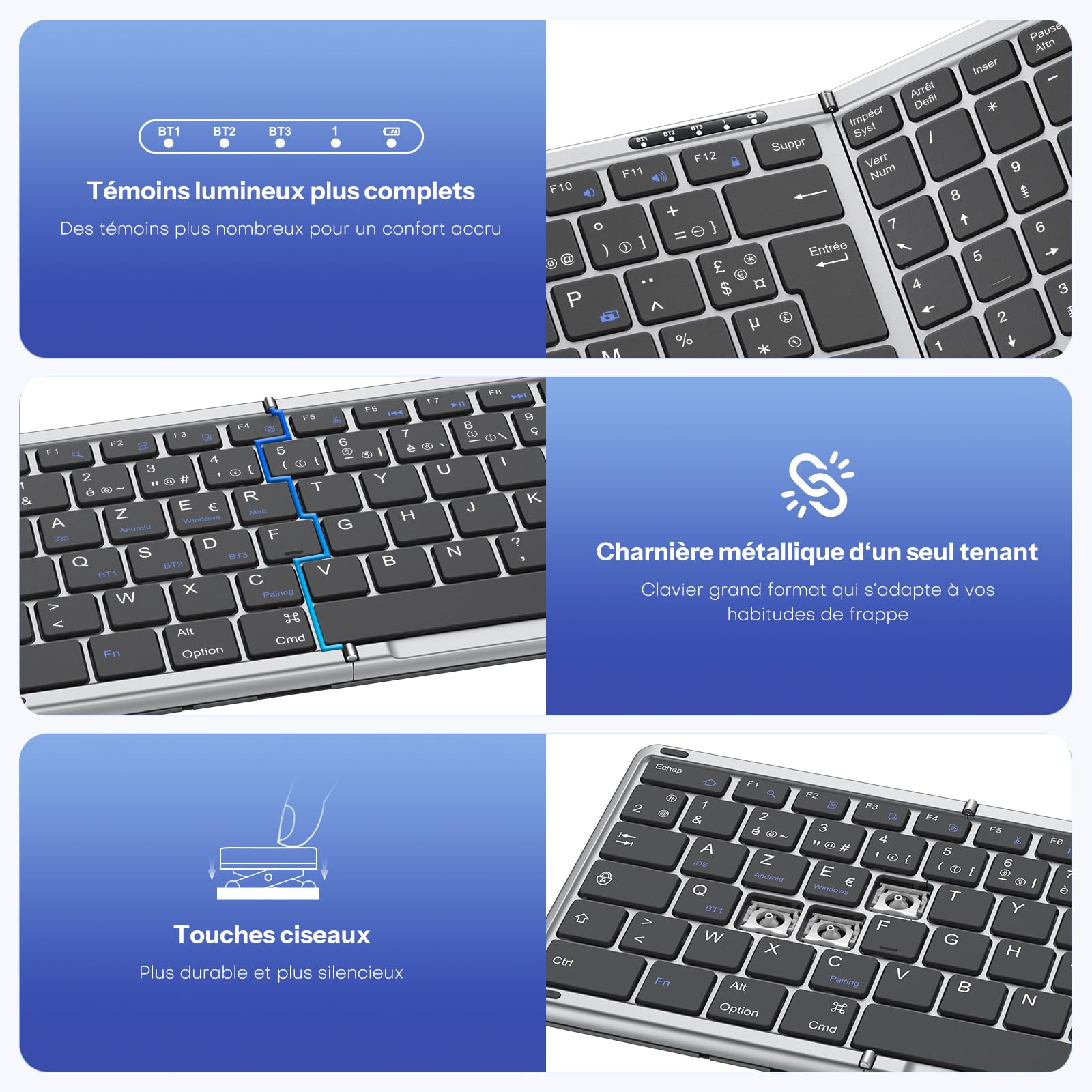 OMOTON Tastiera e mouse wireless pieghevole con tastierino numerico, tastiera bluetooth AZERTY ricaricabile, full-size portatile Keyboard per Android Windows iOS Mac iPad Tablet PC - grigio siderale