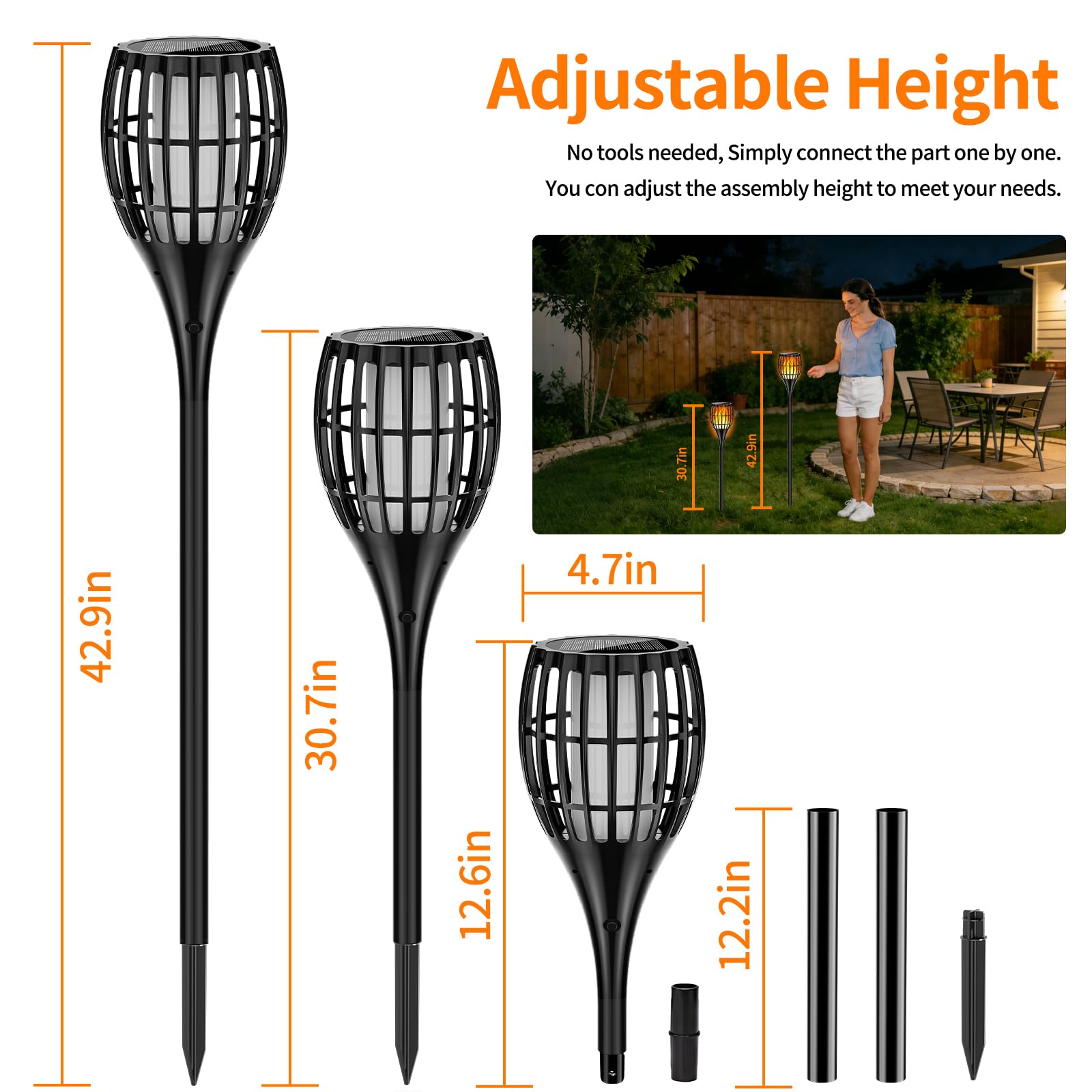 Solar-Taschenlampe, flackernde Flamme, größere Solar-Taschenlampe, 109,2 cm, flackernde Flamme, wasserdicht, für Garten, Weg, Hof (4 Stück)