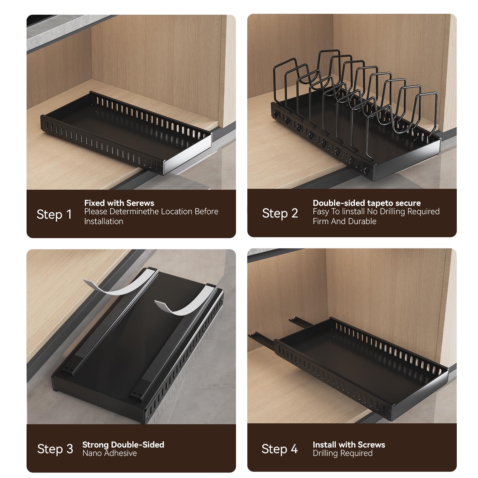 Organizador de tapas de ollas, organizador de ollas y sartenes extraíbles, soporte para tapa de ollas debajo del gabinete para cocina, almacenamiento de ollas y sartenes con 8 separadores ajustables