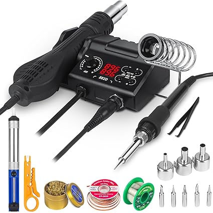 TOOLSLAND Soldering Iron Station with Solder Kit, Updated 882D 2-IN-1 SMD Hot Air Rework Station with 3 Hot Air Nozzles, 5 Soldering Tips, Solder Wick Braid, Solder Wire, Cleaner, Desoldering Pump,etc