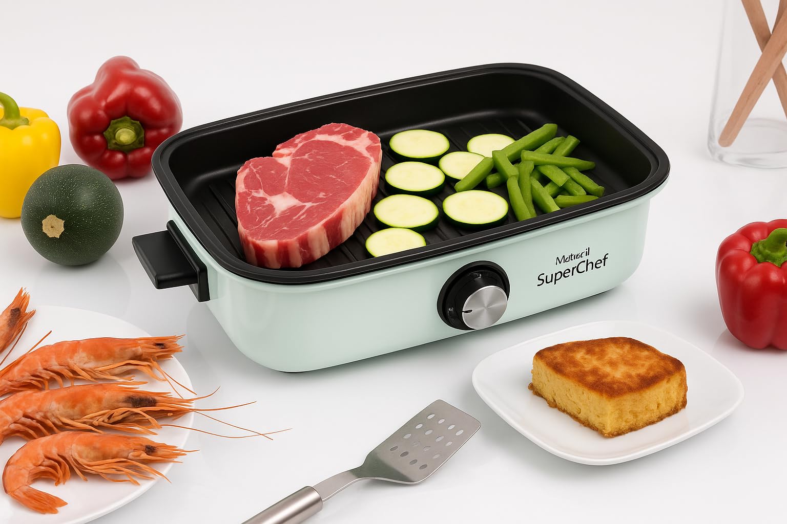 Plancha de Asar Superchef Multi Grill 5 en 1, Plancha de asar, cocina al vapor, guisos, barbacoa eléctrica, 1700 W de potencia