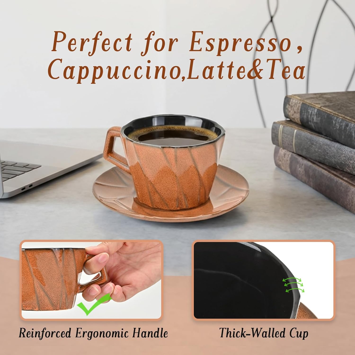 Ceramic Espresso Cups with Saucers 6 oz,Coffe Cups for Cappuccino,Latte,Tea with Saucers Set of 4 - Geometry - Brown