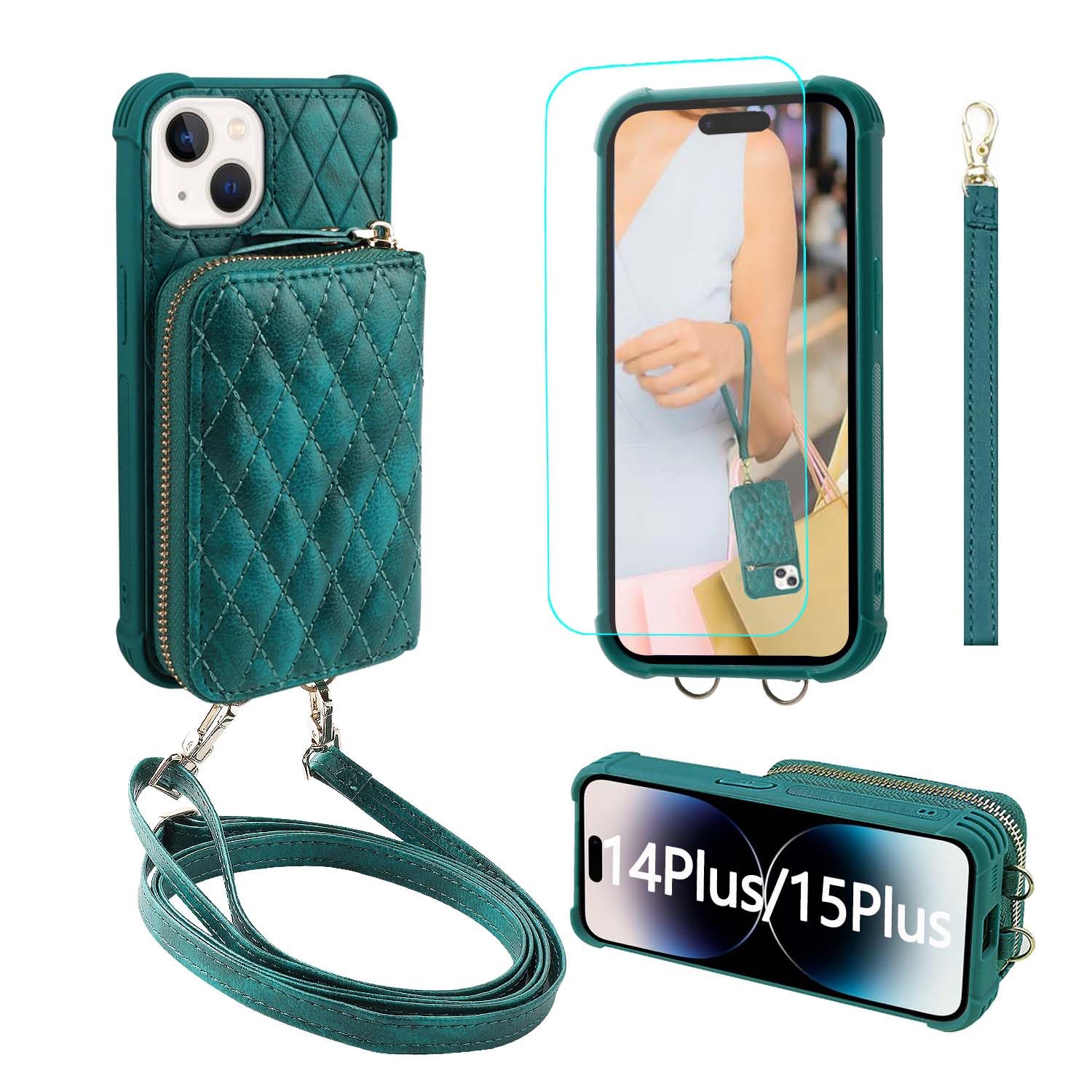 MONASAY Zipper Wallet Case Compatible for iPhone 15 Plus/14 Plus,6.7in[Screen Protector][RFID Blocking]Flip Leather Handbag Phone Cover with Card