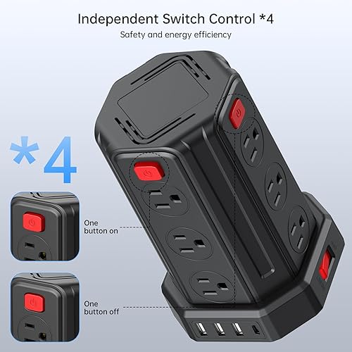 Miniatura 3 de PD - Regleta de alimentación de 20 W con cable de extensión de 10 pies, regleta protectora de sobretensiones con puertos USB en torre (10