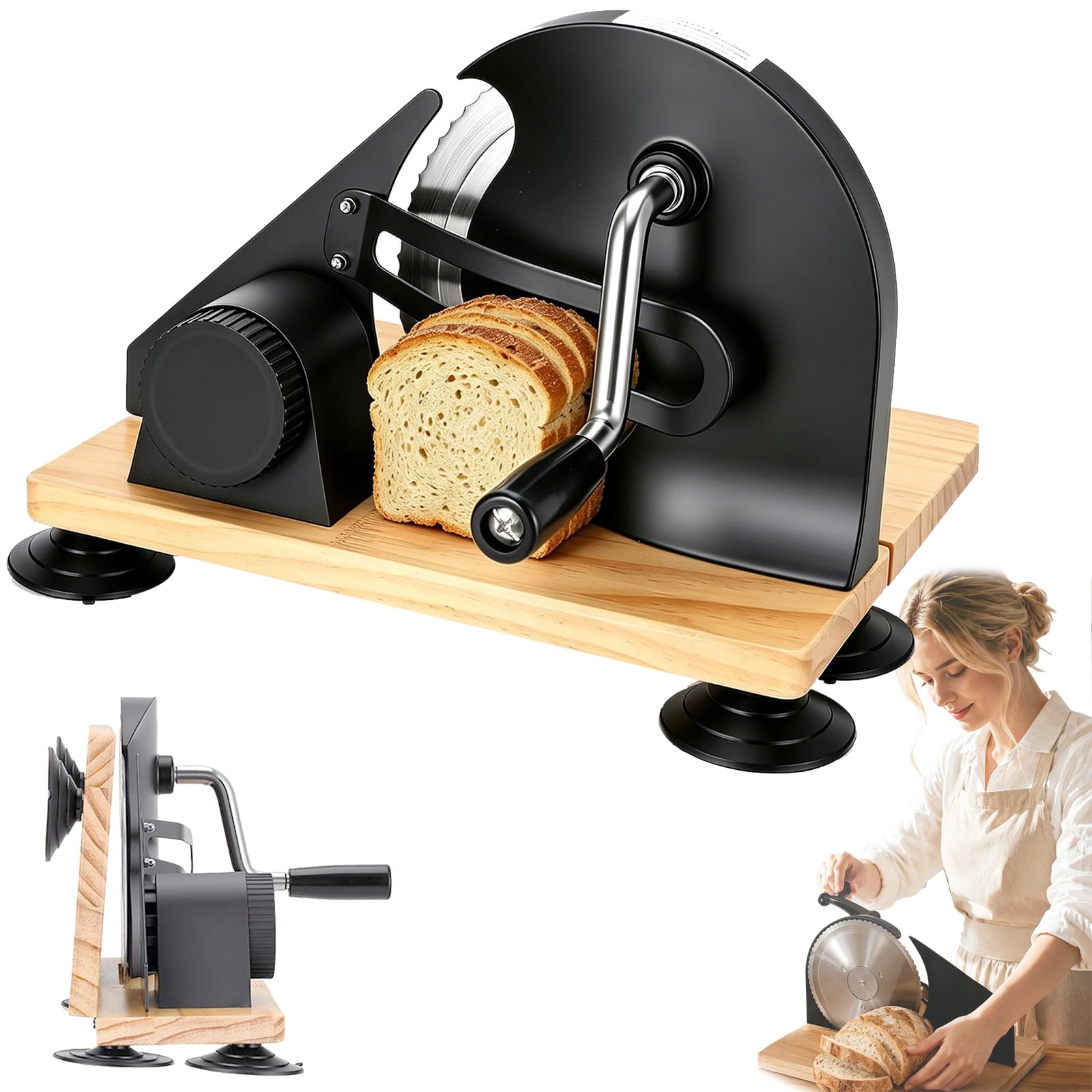 Rebanadora Pan, Rebanadora Multiusos Manual y Plegable Cortador Pan Acero Inoxidable 304 Manivela Manual Ventosas Escala Grosor Rebanada Ajustable Quesos pan y Verduras Base Reforzada Madera Maciza