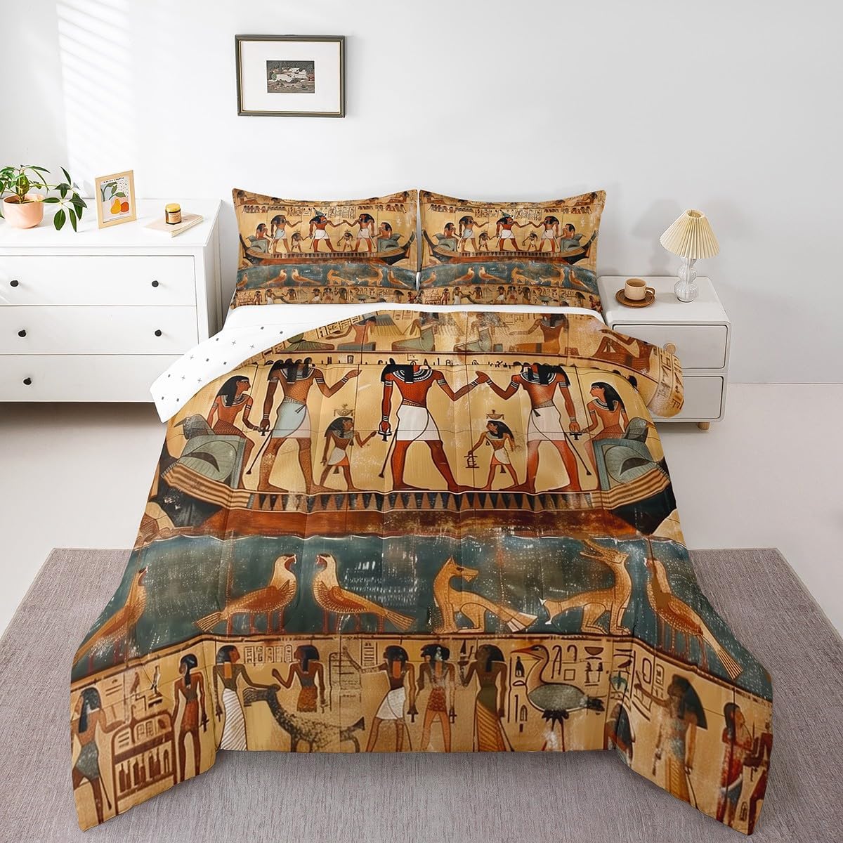 Erosebridal Ancient Egypt Bedding Set Old Egyptian Print Comforter Set for Kids Boys Teens Adults,Queen Vintage Pharaoh Pyramid Down Comforter Exotic Tribal Style Quilt Insert