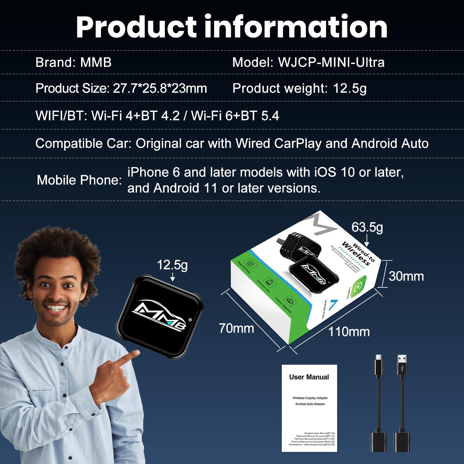 MMB CP-Ultra 2026 Adattatore Wireless CarPlay, 2-in-1 per iPhone e Android Auto, Wi-Fi 6 + Bluetooth 5.4, Converte CarPlay Cablato e Android Auto in Wireless CarPlay Adattatore Plug & Play per CarPlay