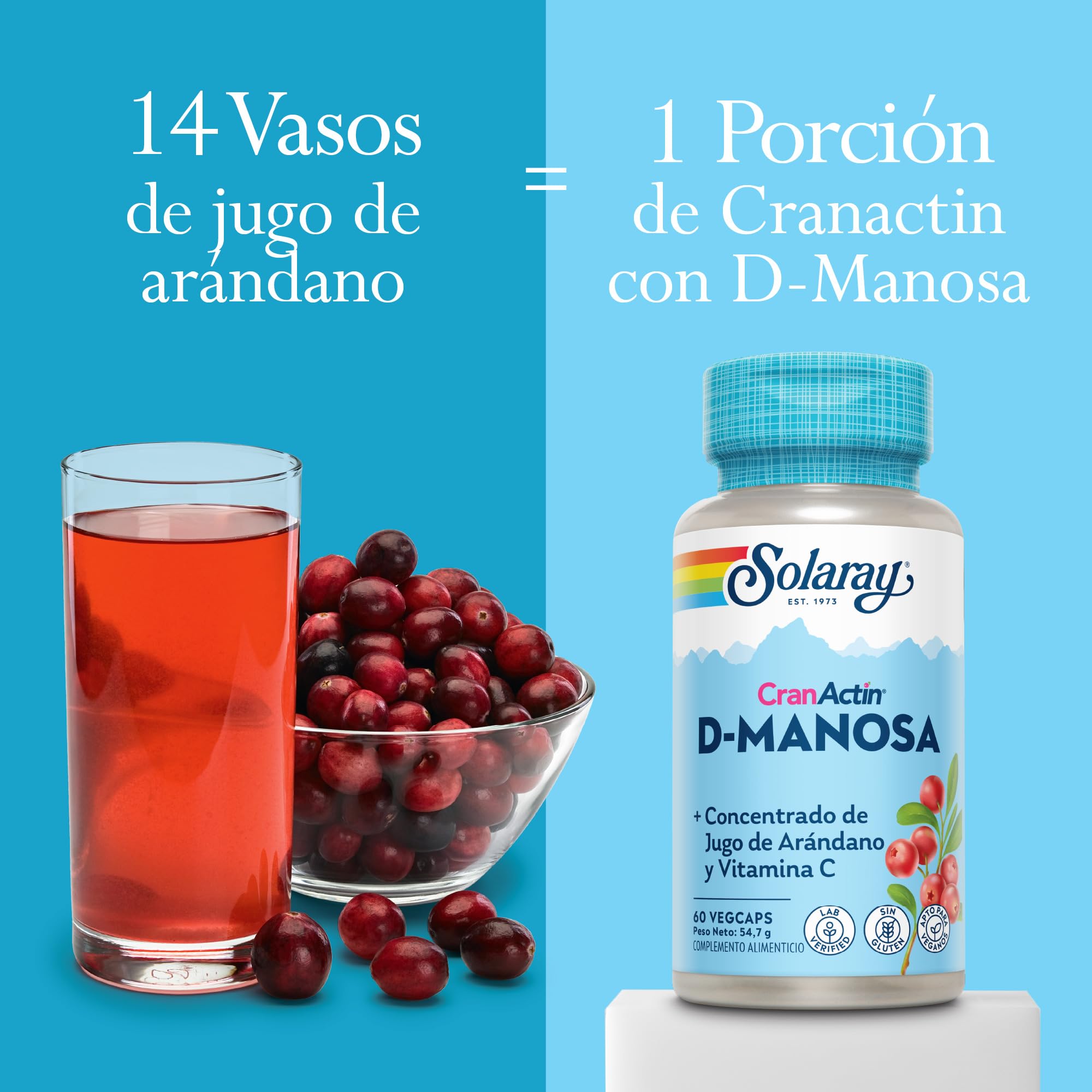 D-manosa con cranactina, arándano y vitamina C, 60 cápsulas veganas, no tabletas, suplemento de manosa D, sin OMG y verificado en laboratorio. Solaray
