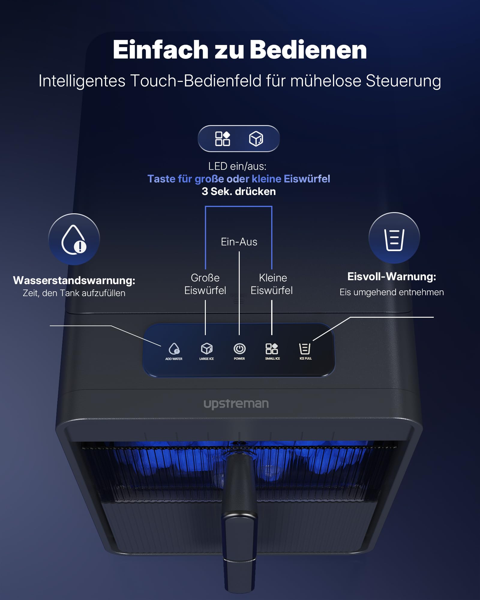 Upstreman Eiswürfelmaschine mit LED, 9 Eiswürfel in 6-8 Min, Eiswürfelmaschine Klein 2 Eisgrößen, Digitale Touch-Display, Automatische Reinigung, Ice Maker für Zuhause,Küche,Büro, BI10