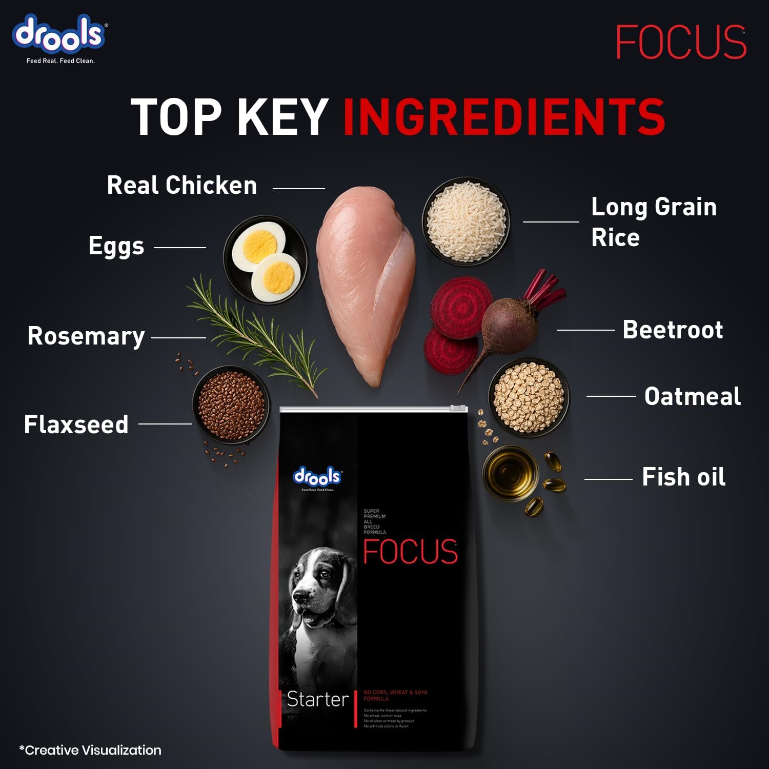 Drools Focus Starter Super Premium Dog Food, Taurine for Healthy Heart, Healthy Skin and Beautiful Coat, Suitable for All Breed Sizes, allergen-Free - (8 Kg/282 Ounce)