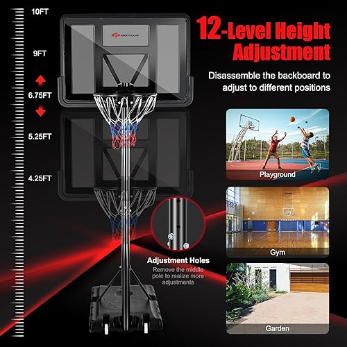 Miniatura 10 de Goplus Aro de baloncesto portátil, portería de baloncesto ajustable de altura de 10 pies con tablero trasero inastillable de 44 pulgadas, soporte de
