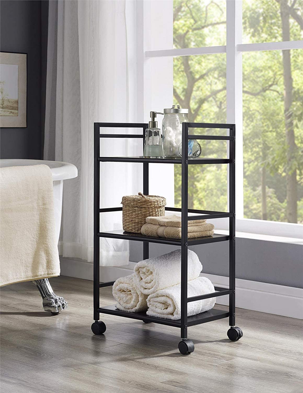 WINSTAR Metal Rolling Trolley with Lockable Wheels | Heavy Duty Multifunctional Metal Frame Cart | Ideal for Home, Kitchen, Bathroom and Office Storage | (Black, 3-Tier) 3