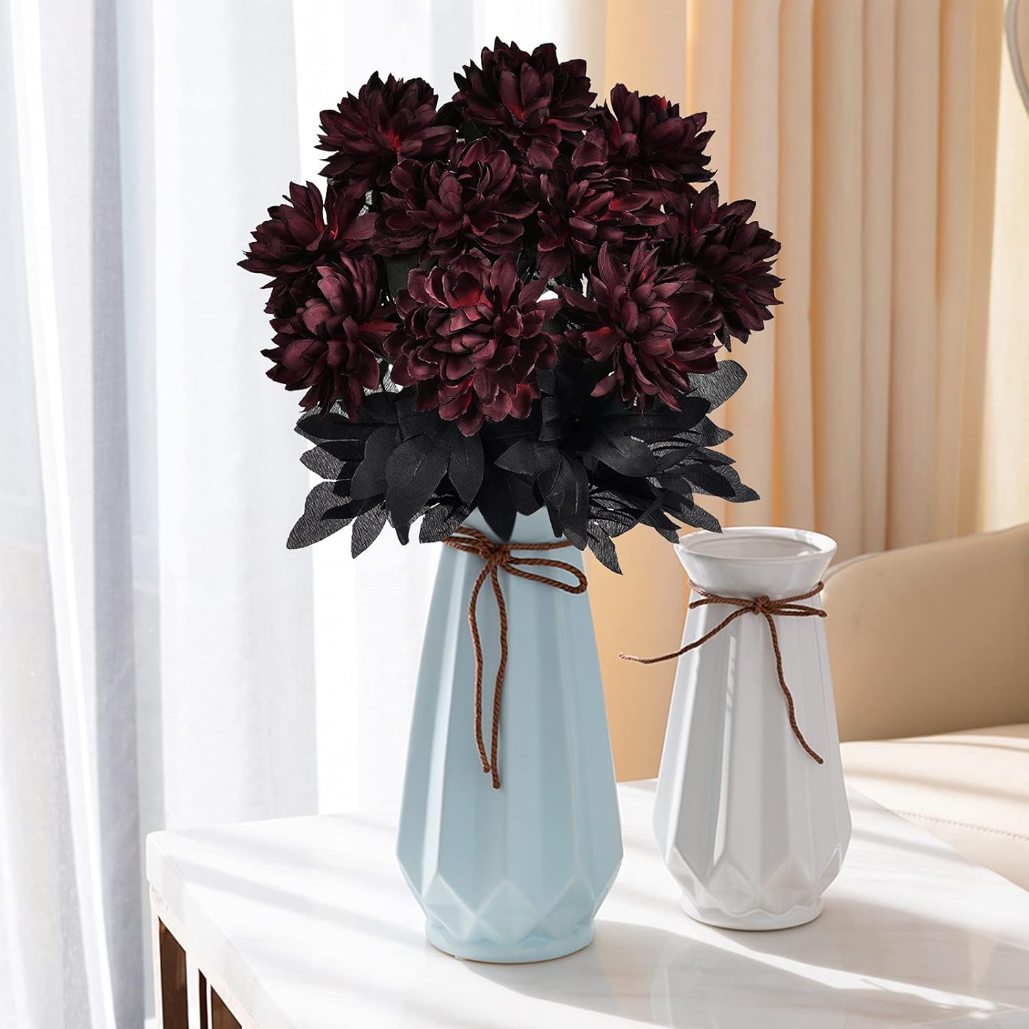 Artflower 10 Pack Artificial Silk Dahlia Bouquet with Long Stem, 16” Wine Red Fake Flower Floral Arrangements Wedding Bridal Bouquet for Halloween Harvest Festival Table Centerpieces Home Decor - Image 3