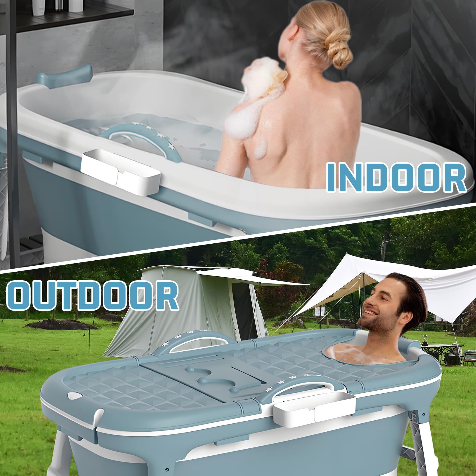 Portable Bathtub with Thermometer,59 Inch Foldable Bathtub for Adults,Soaking Bath Tub with Removable Cushion,Non-Slip Carpet and Cover,Collapsible Tub for Hot Bath, Ice Bath (Blue, 59IN): Blue 59IN