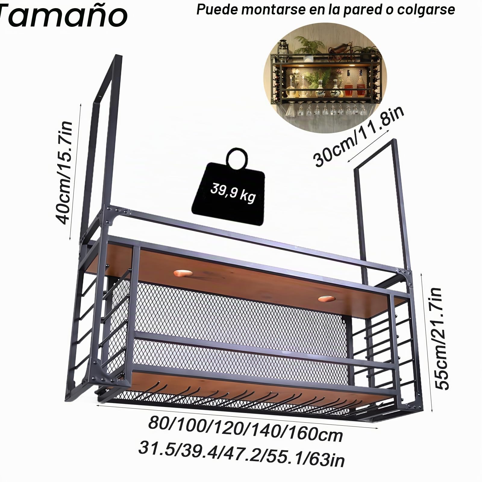 Estante de Vino Montado en la Pared, Botellero de Metal para la Pared con Portavasos, Soporte de Copa de Vino Suspendido para Botellas de Metal, para Bar, Comedor, Cocina, Cafetería (negra, 120cm)