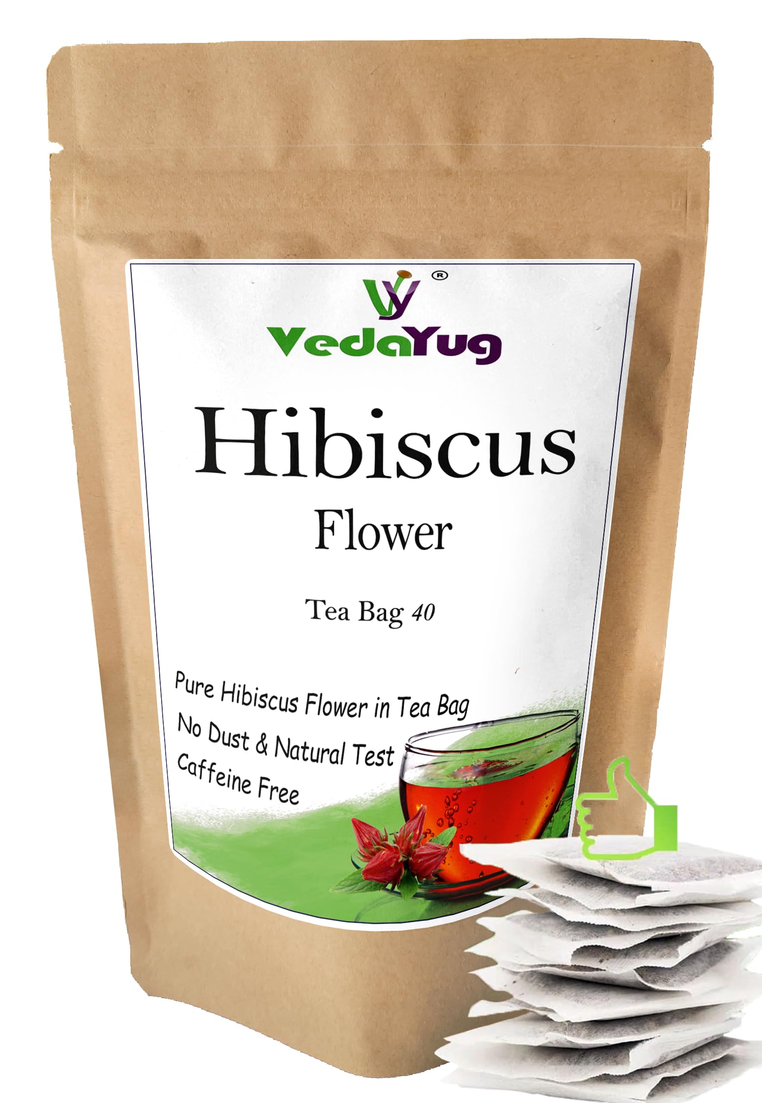 VY VedaYug Hibiscus Tea Bags | Hibiscus Flowers In Filter Paper Tea Bags | Outer Resealable Zipper Pouch For Easy Convenience - 40 Bags, 100 Gram