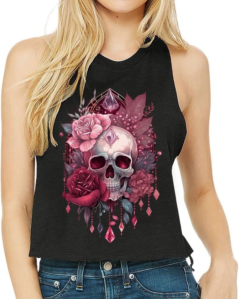 Flower Skull Racerback Cropped Tank - Skull Themed Women's Tank - Themed Tank Top - Black, L