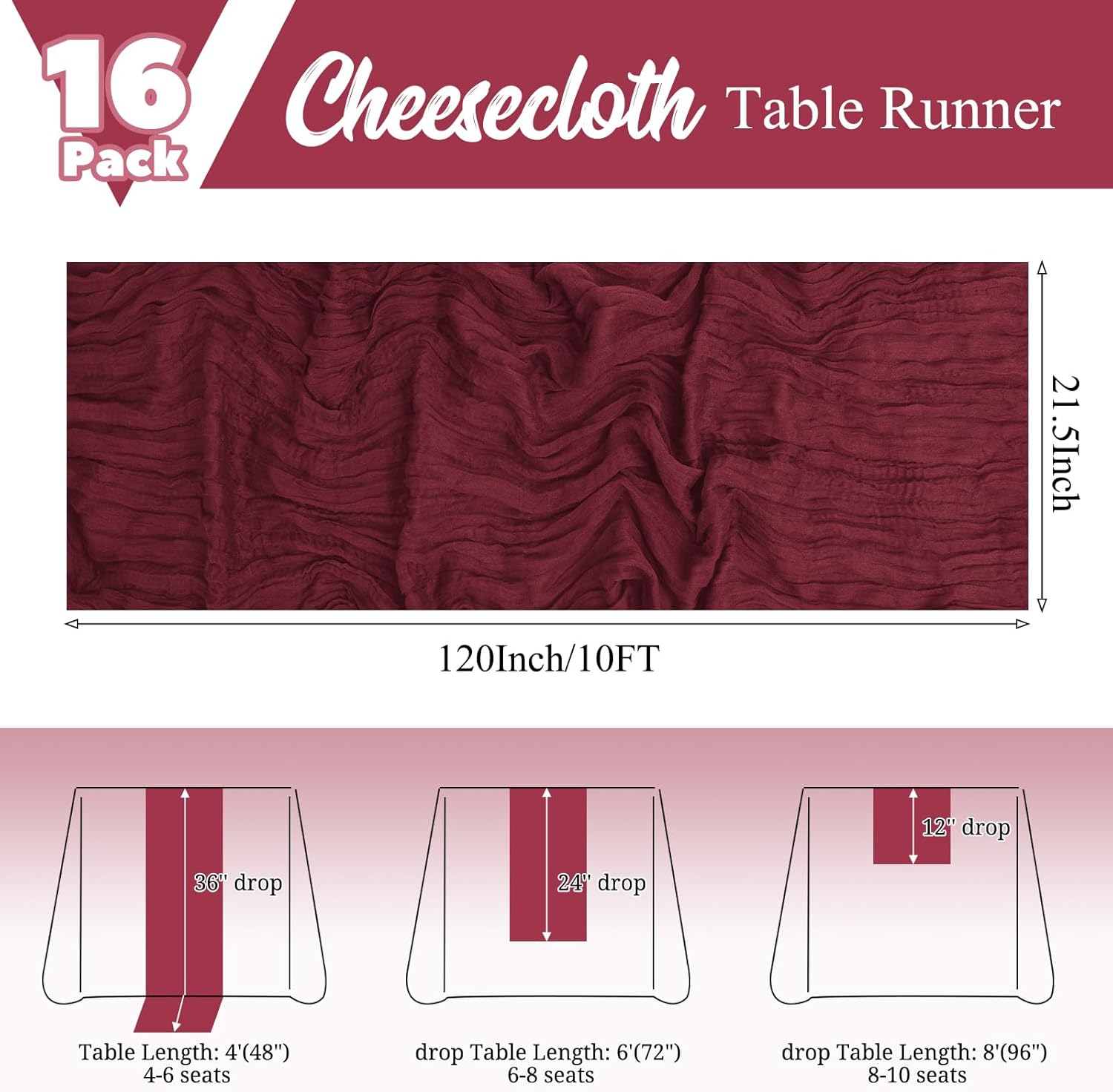 16 Pack Burgundy Table Runners 10FT Cheesecloth Table Runner Boho Gauze Table Runner Long Rustic Sheer Fabric Table Runners for Wedding Party Bridal Shower Farmhouse & Home Decor